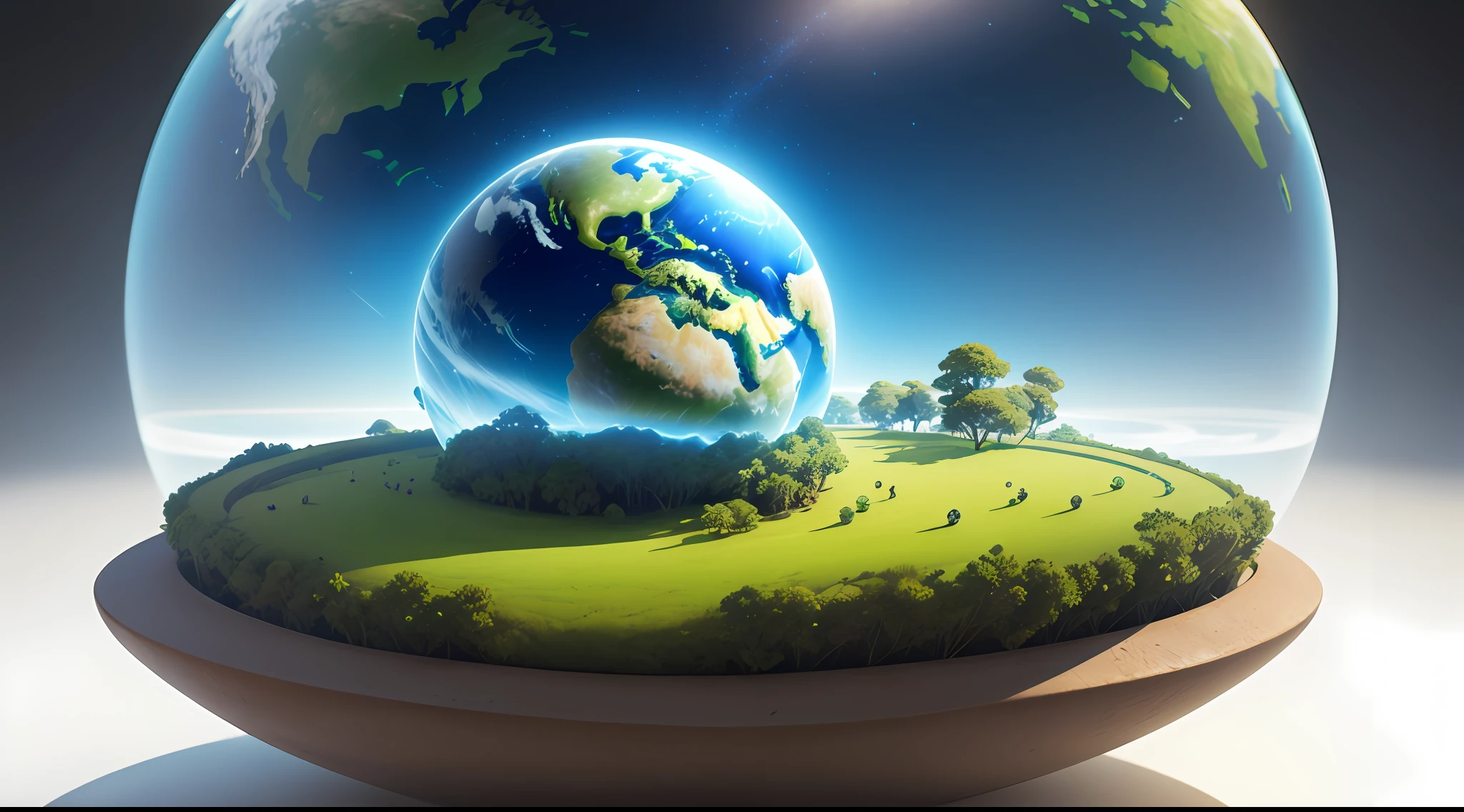 Earth Day poster, ((Green Spherical Earth, transparent plastic, optics, surreal, magic, fantasy, composition, bright, light fluorescence, ultra-detaile, trend in artstation, octane rendering,))), futuristic, plants , flowers, blue, green, transparent, white background, center composition, super high detail, 4k, flat illustration, 3d, blender, masterpiece, super detail, best quality