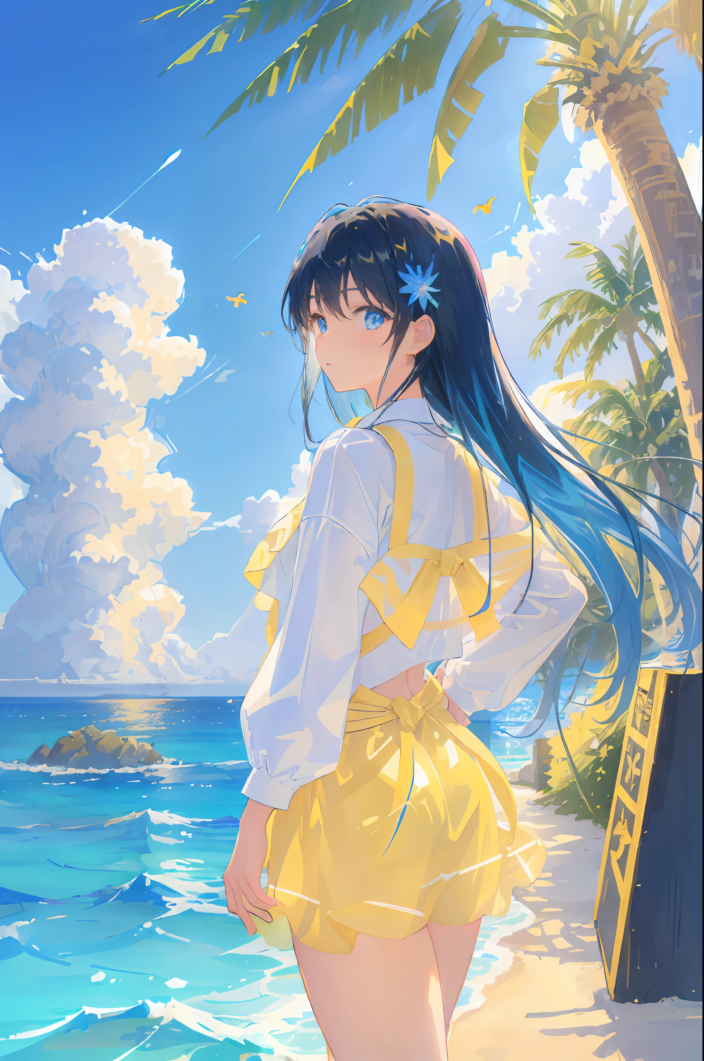 art by Cornflower, dreamy, (A beautiful maiden, anime-style girl, blue eyes, long black hair, wearing light yellow, shiny, long sleeves, open chest, long skirt swimsuit, pink, white, and yellow, heart posing above, hands on hips, in front of the beach and bright blue sky, clouds above, palm trees in the background on both sides of the picture, and a lot of blue and yellow fish swimming around in the sea
