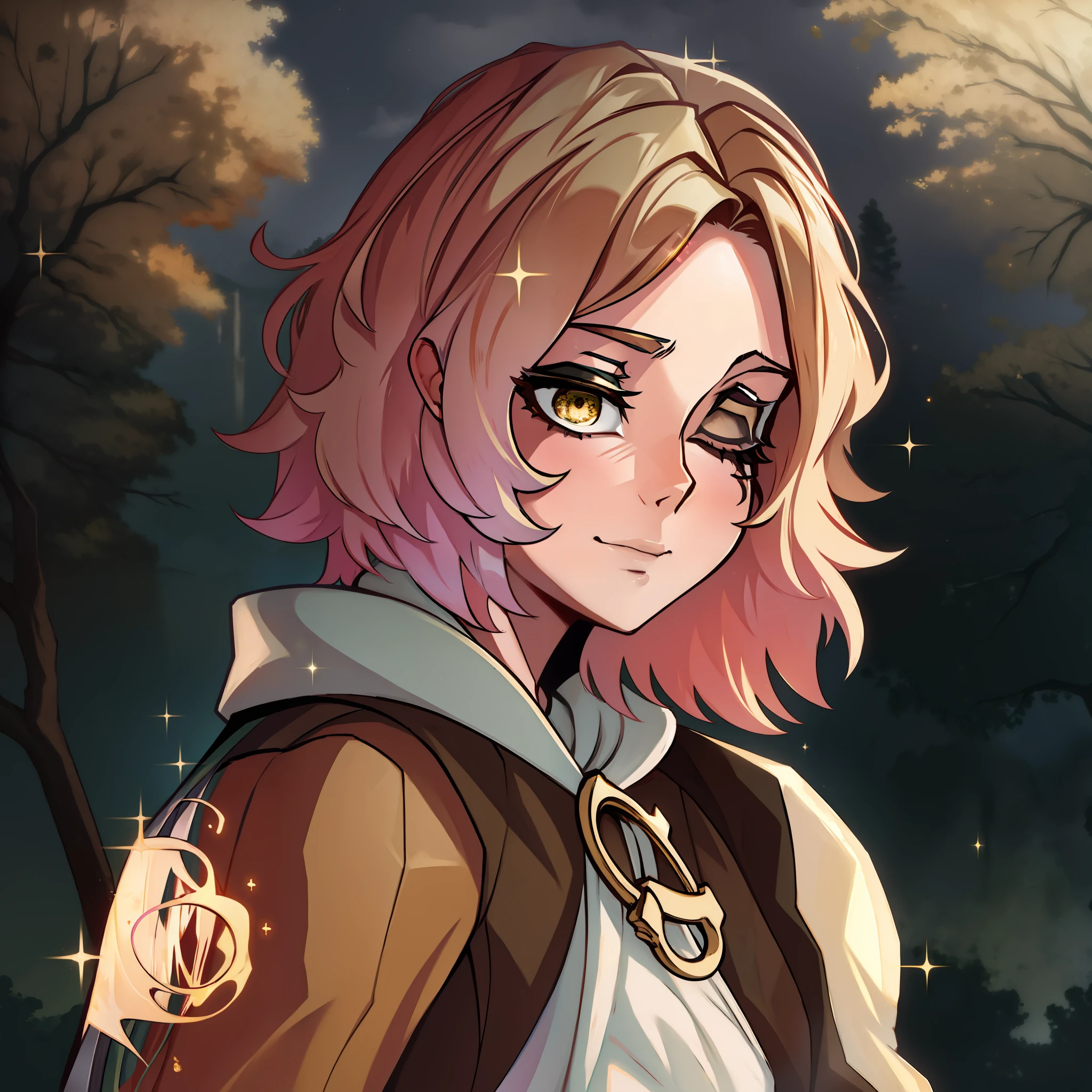 melina \(elden ring\), detailed background, ((night)), dark, erdtree in the distance, 1girl, black background, brown eyes, brown hair, cloak, green cloak, long sleeves, looking at viewer, one eye closed, short hair, solo, standing, tree, solo, yellow eyes, (pink hair:0.7), facial tattoo, expressionless, :|, tottoo on eye, eye scar , ((masterpiece)), golden, gold, divine