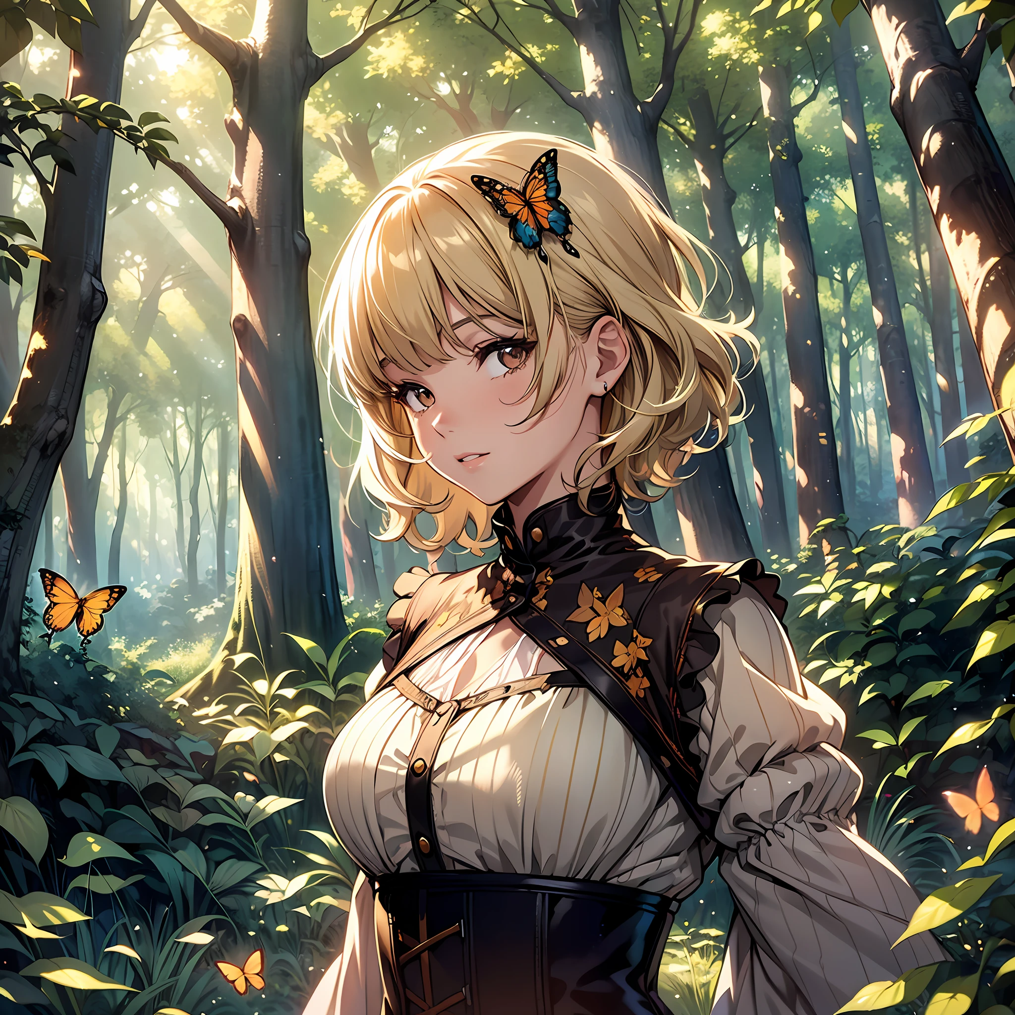 Highly detailed 8k CG wallpaper, natural sunlight illumination, diffuse lighting, well-drawn forest background scenery with butterflies and fireflies, a beautiful girl with short blond hair and bangs, honey-brown eyes, wearing a lovely vintage dress from the 1970s with a corset, in Wlop style.