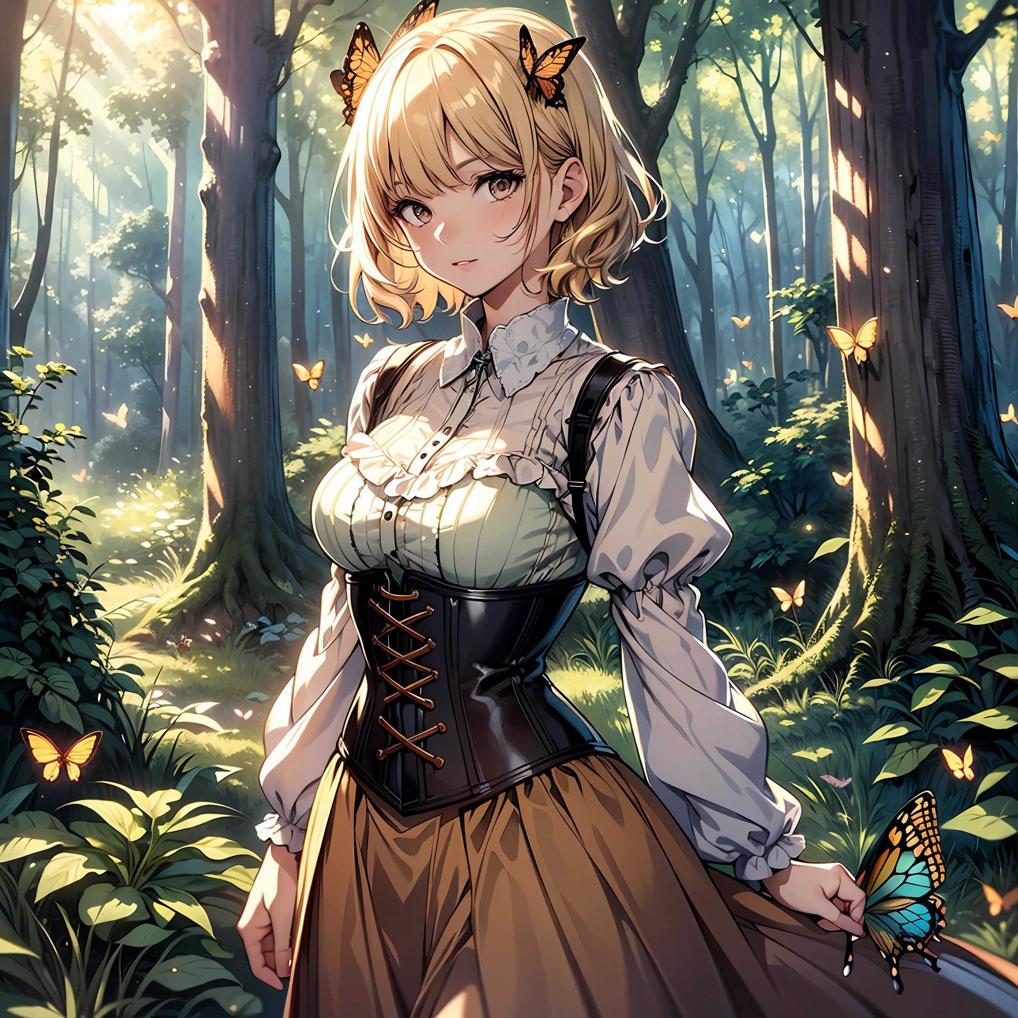 Highly detailed 8k CG wallpaper, natural sunlight illumination, diffuse lighting, well-drawn forest background scenery with butterflies and fireflies, a beautiful girl with short blond hair and bangs, honey-brown eyes, wearing a lovely vintage dress from the 1970s with a corset, in Wlop style.