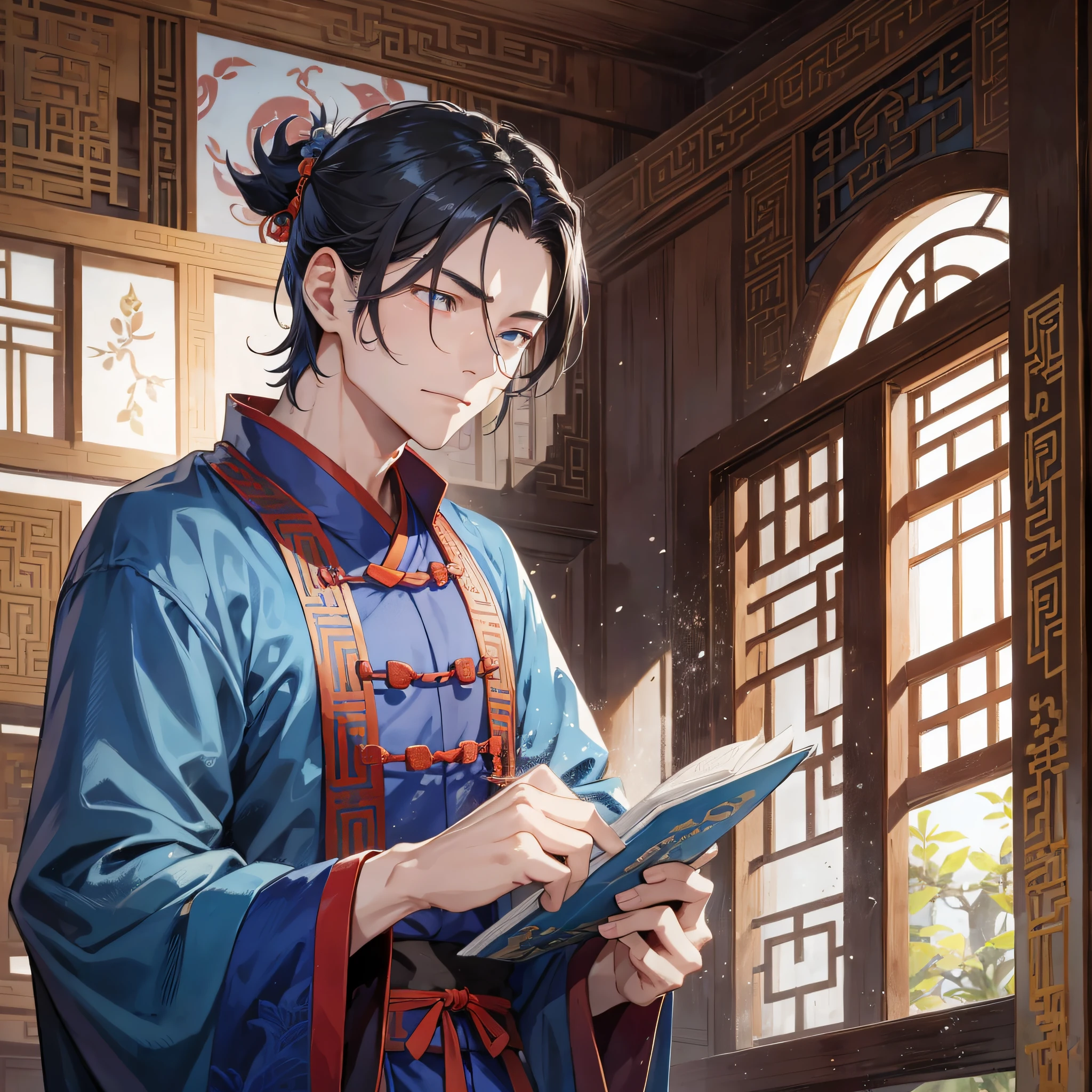 In ancient China, in the mansion, the skinny young man in blue cloth was a young scholar with a crying expression