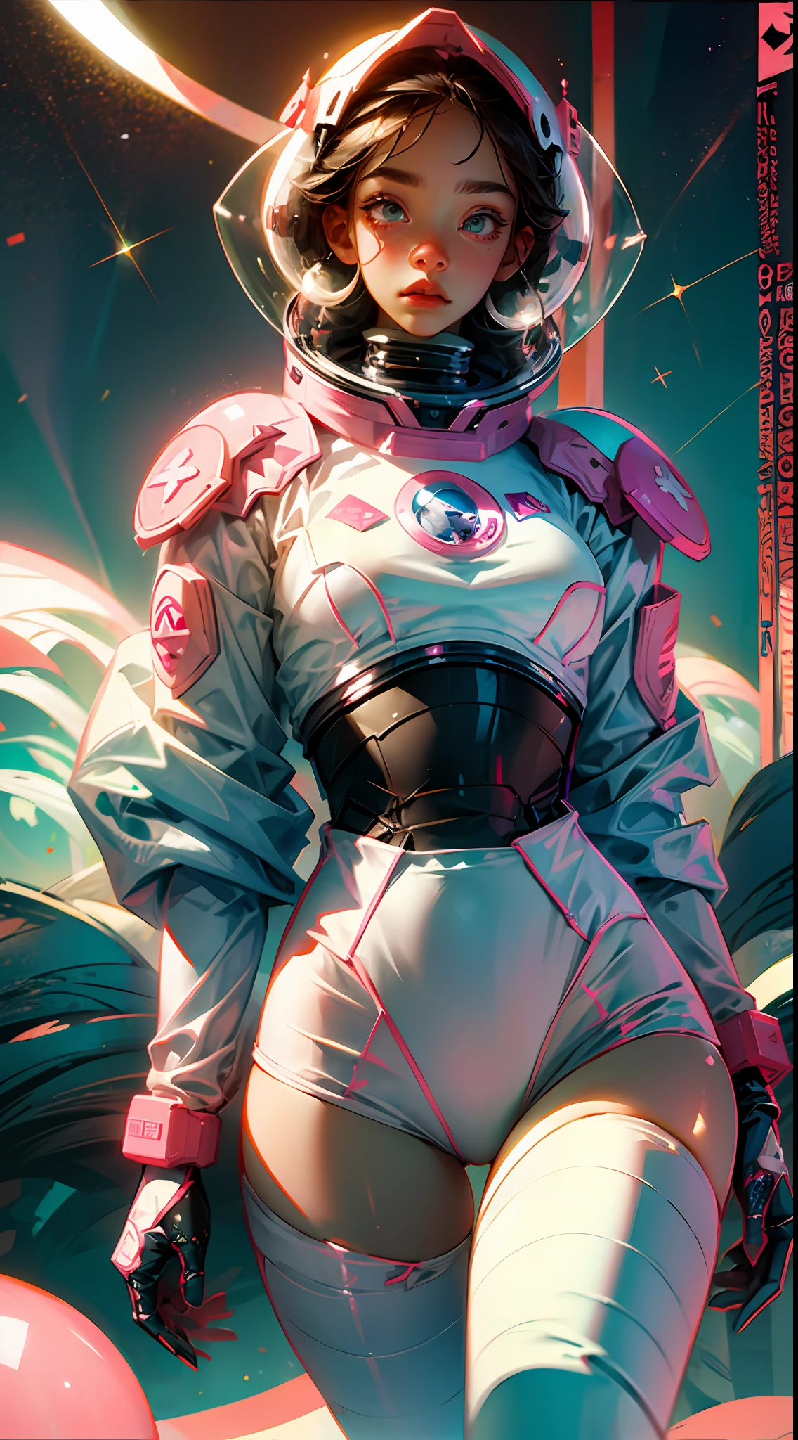 White,pink,1woman astronaut in a bubblegum world
