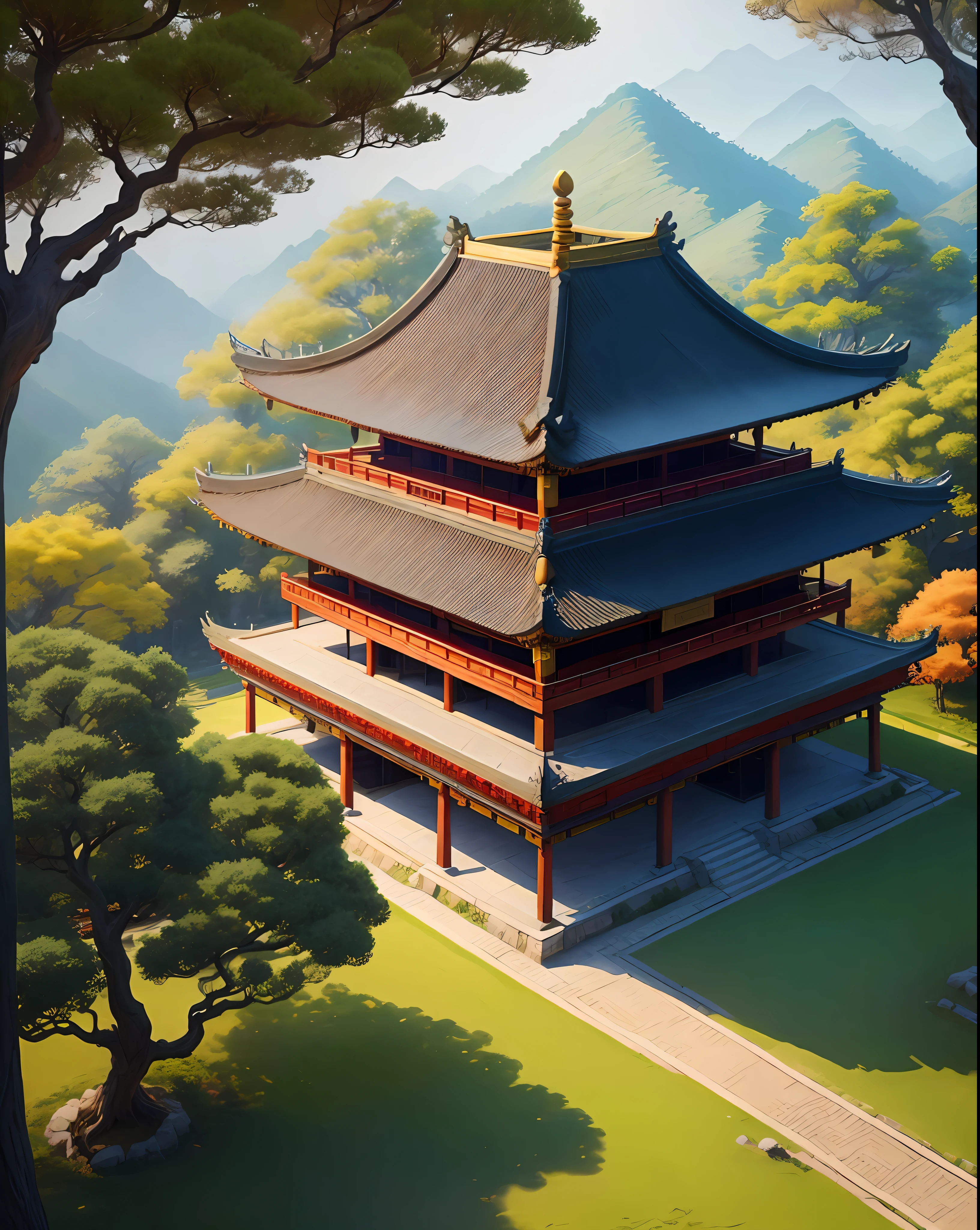 (Many Ancient Trees), (Best Quality), High Detail, High Resolution, 8k smooth, (Masterpiece), (Tradition Chinese Ink Painting: 1.6), a Chinese Ming Dynasty court building, no humans, tranquility, bird view, Cinematic light, epic detail, high autumns，Quixel Megascans Render，Gardens