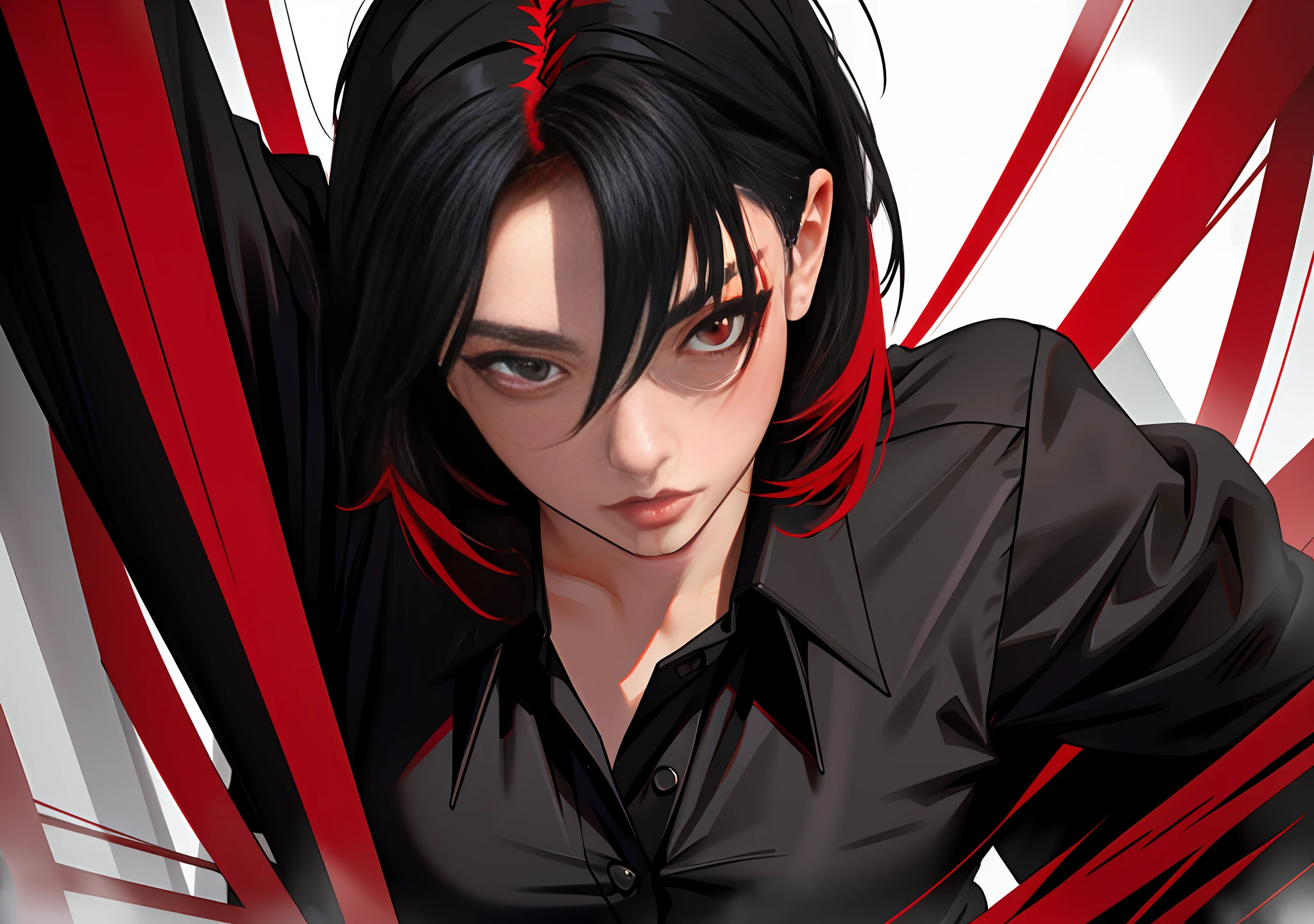 ((Best Quality)), ((Masterpiece)), (((Realistic)) and ultra-detailed photograph of an Asian girl, short black hair with red locks, black short blouse, black lag pants outfit with details on the red edges, ((beautiful and aesthetic))