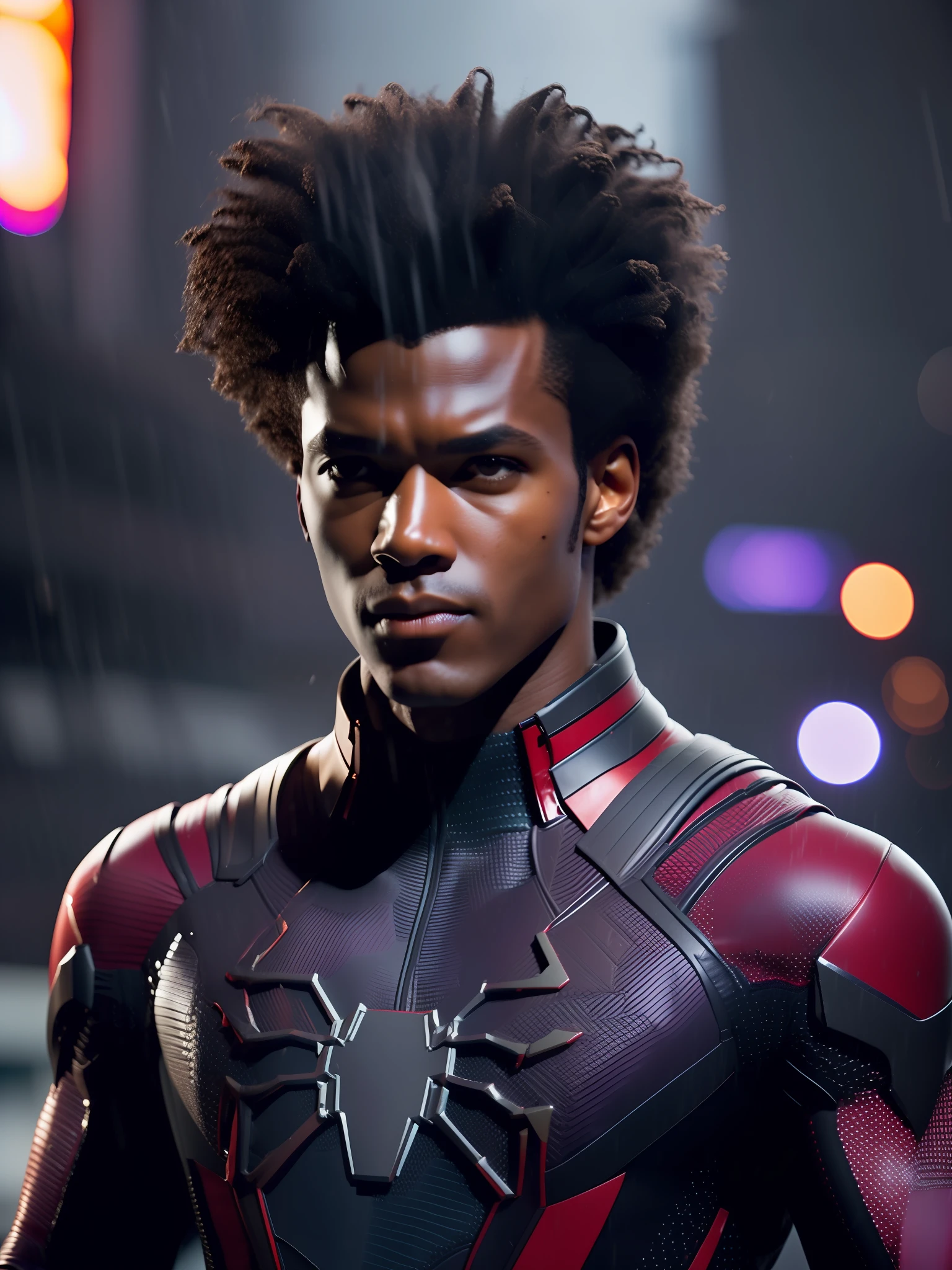 Spiderman, no mask, award-winning photo of a man, Red and black superhero suit, square jawline, asymmetric face, big hair, in rain, angry, purple light, 80mm, bokeh, mass effect, close up, fking_cinema_v2, 8k, cinematic