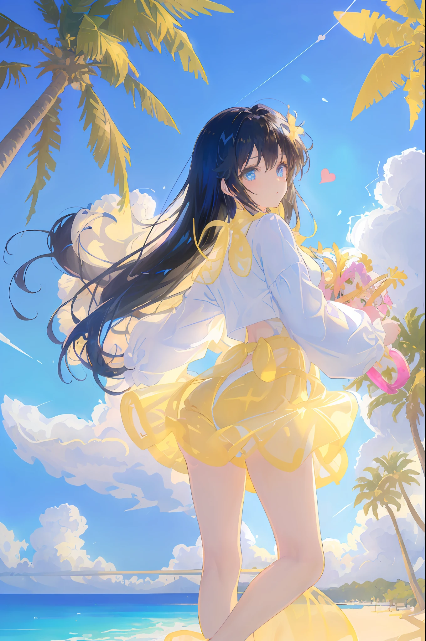 art by Cornflower, dreamy, (A beautiful girl, anime style girl, blue eyes, long black hair, wearing light yellow, shiny, long sleeves, open chest, long skirt swimsuit, pink, white, and yellow, heart posing above, in front of the beach and bright blue sky, clouds above, palm trees in the background on both sides of the picture