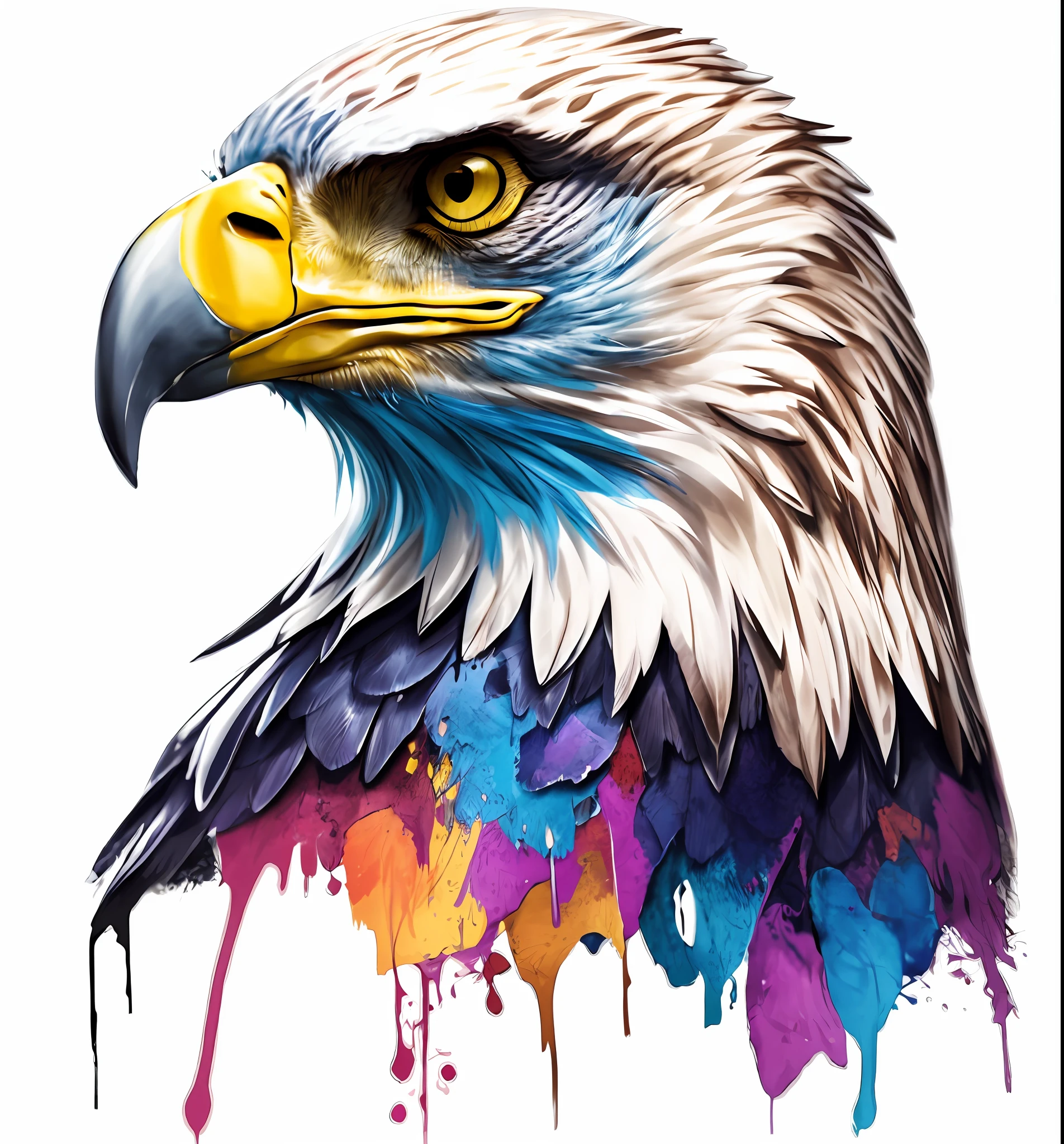 painting of a bald eagle with a colorful paint drips on it's face, eagle head, eagle, art of alessandro pautasso, detailed realistic colors, prideful look, highly detailed digital artwork, high detailed colors, digital painting highly detailed, amoled wallpaper, painted in high resolution, digital art highly detailed, detailed painting 4 k, painted in bright water colors