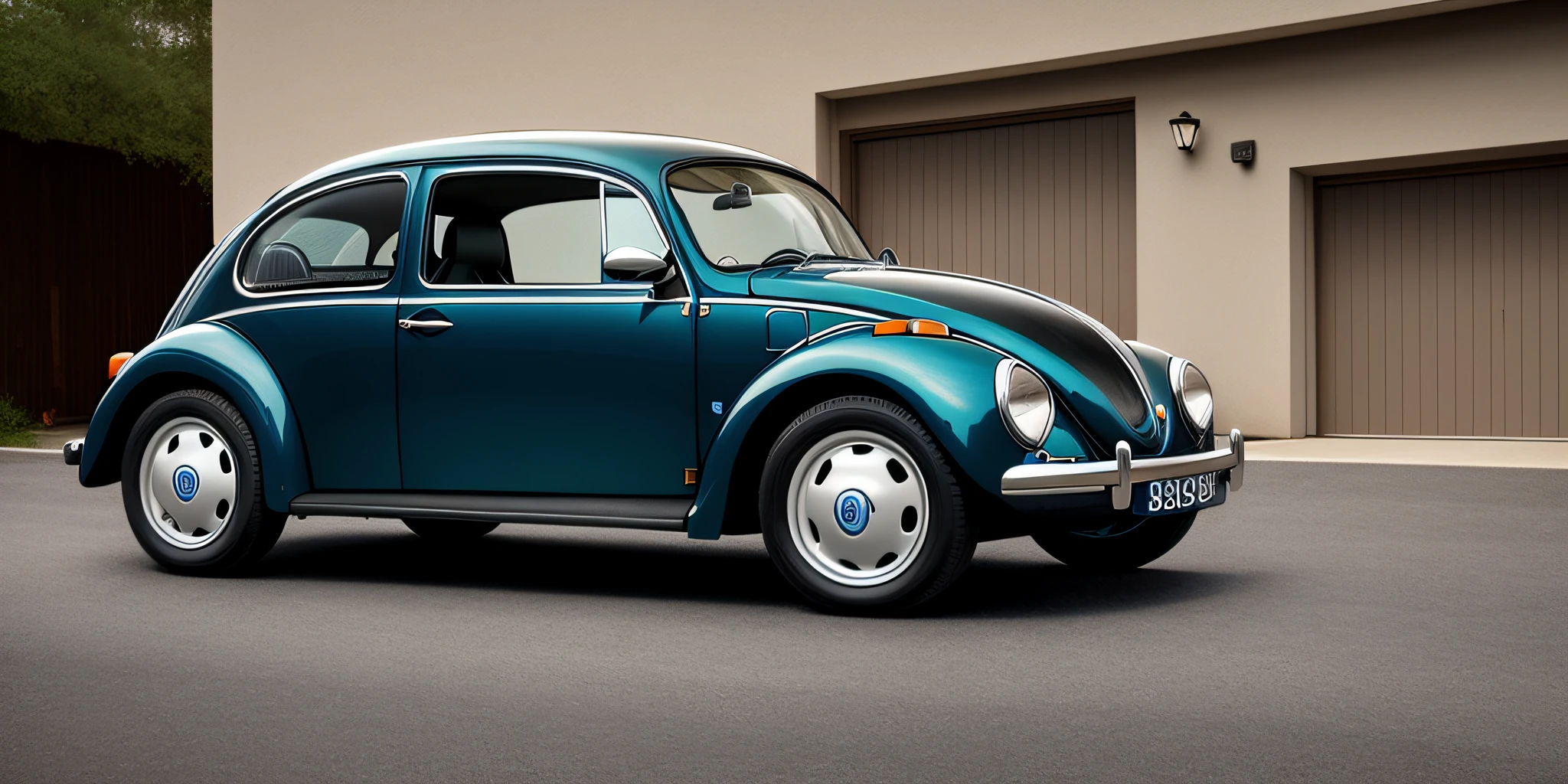 1995 beetle car, dark blue color all dirty and leaning against an open garage, in a place, Futurism, Social realism, ray tracing, reflection light, cinematic lighting, jpeg artifacts, best quality, award winning, textured skin, 8k, 16k, high quality, high details