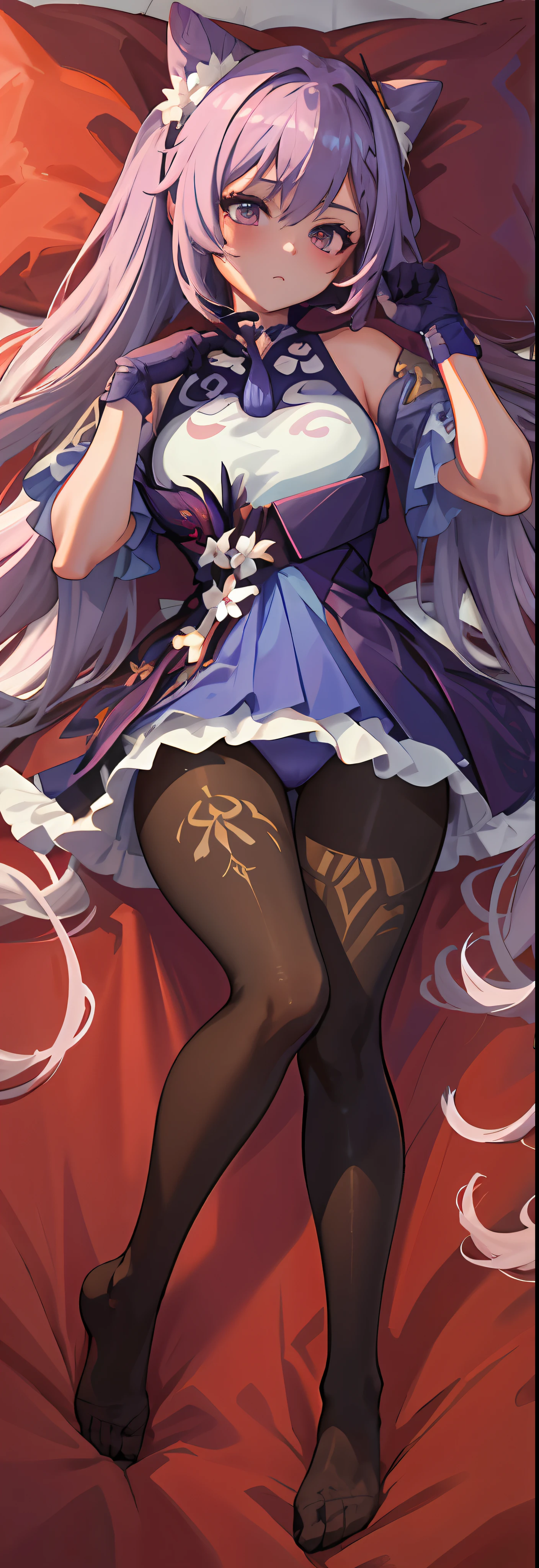 (Masterpiece, best quality, detailed), 4K, realistic, very detailed, there is a girl in bed, she is sleepy, all over, keqingdef, dakimakura, lying down