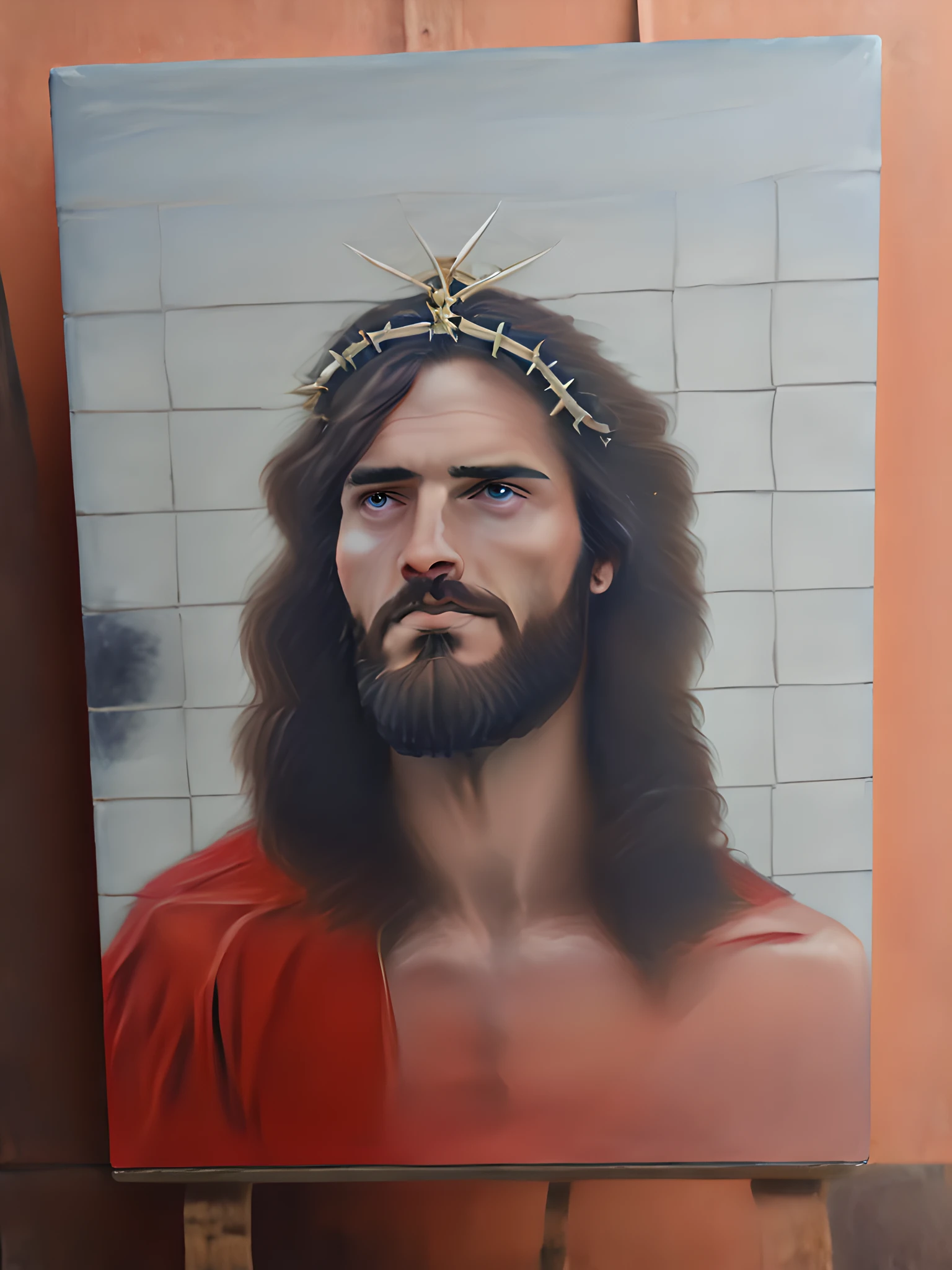 Painting of jesus with crown of thorns on his head, portrait of jesus christ, jesus of nazareth, face of jesus, jesus christ, jesus, oil on sharp canvas, inspired by Da Vinci, [oil painting]!!, oil on canevas, oil painting!!!, oil painting on canvas, very thin, 36k, high resolution.