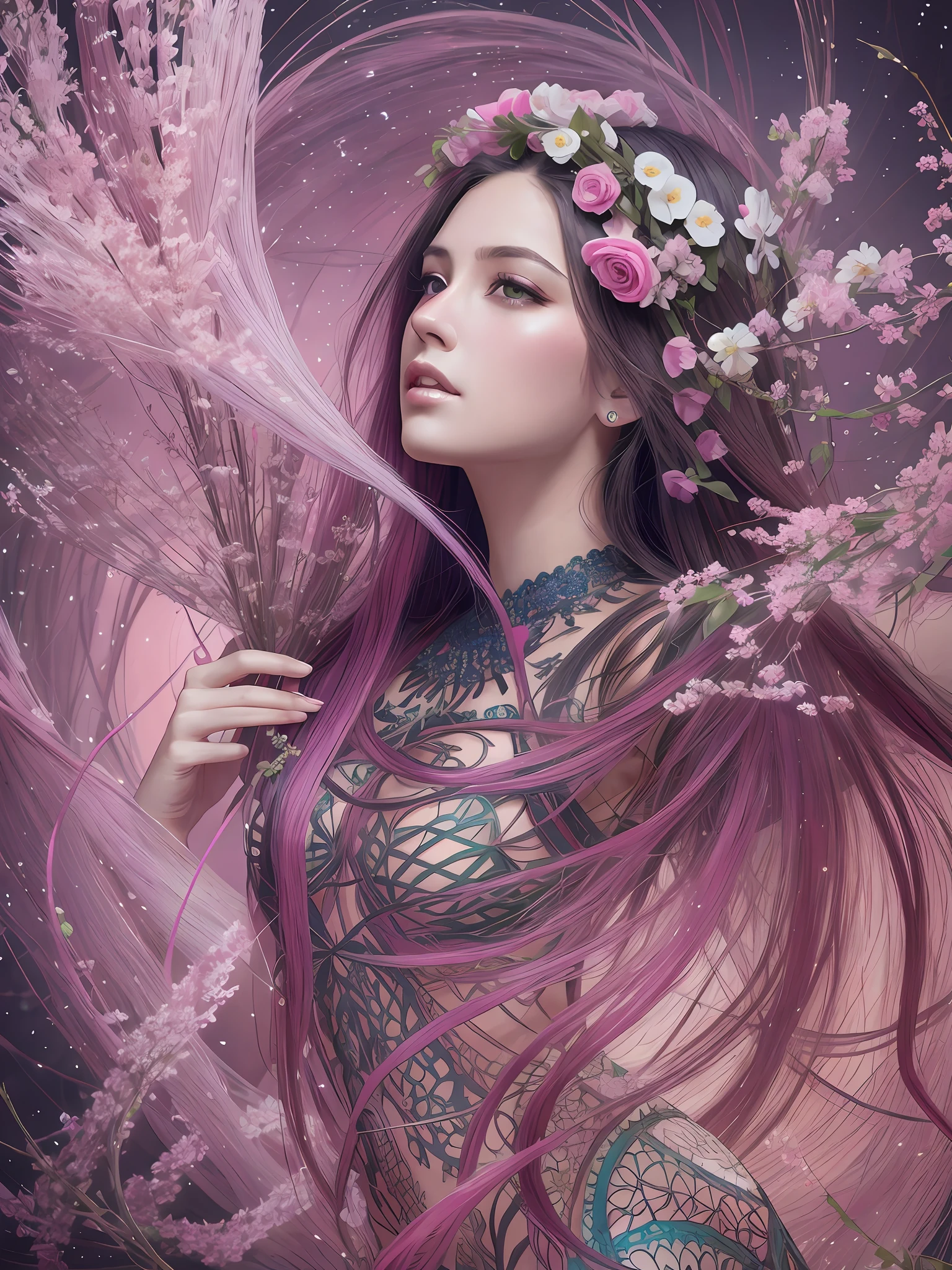 arafed woman with long hair and a flower crown holding a bouquet, digital fantasy art ), deviantart artstation cgscosiety, beautiful digital artwork, 🌺 cgsociety, beautiful fantasy art, artwork in the style of guweiz, ross tran 8 k, trending on cgstation, fantasy art style, gorgeous digital art, digital art fantasy art