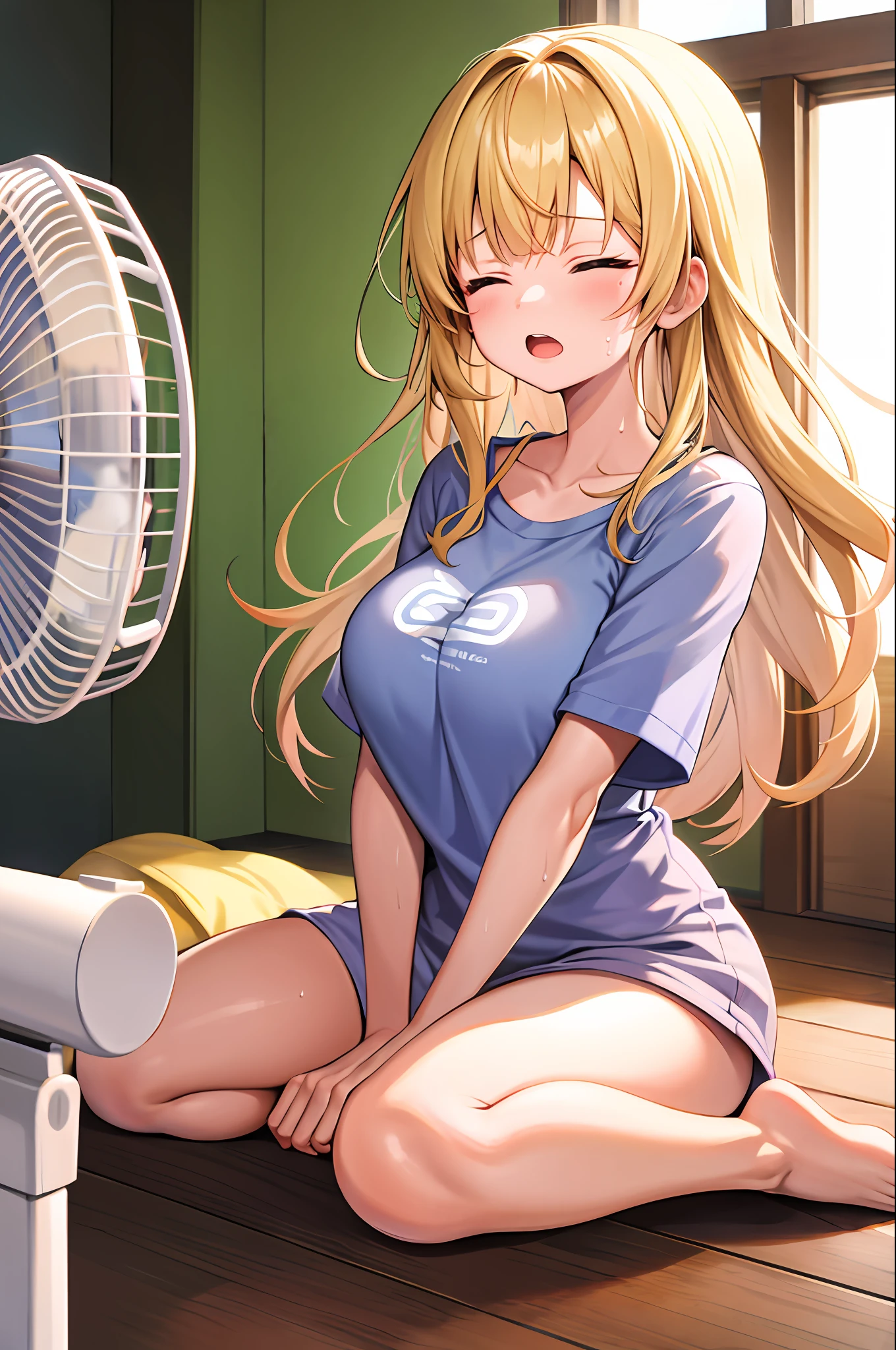 absurdres, highres, best quality, electric fan, 1girl, seiza, oversized clothes, shiina mahiru, t-shirt, bottomless, wind, wind lift, blonde hair, long hair, open mouth, closed eyes, open legs, indoors, sweat, big breasts, see-through, floating hair, blunt bangs