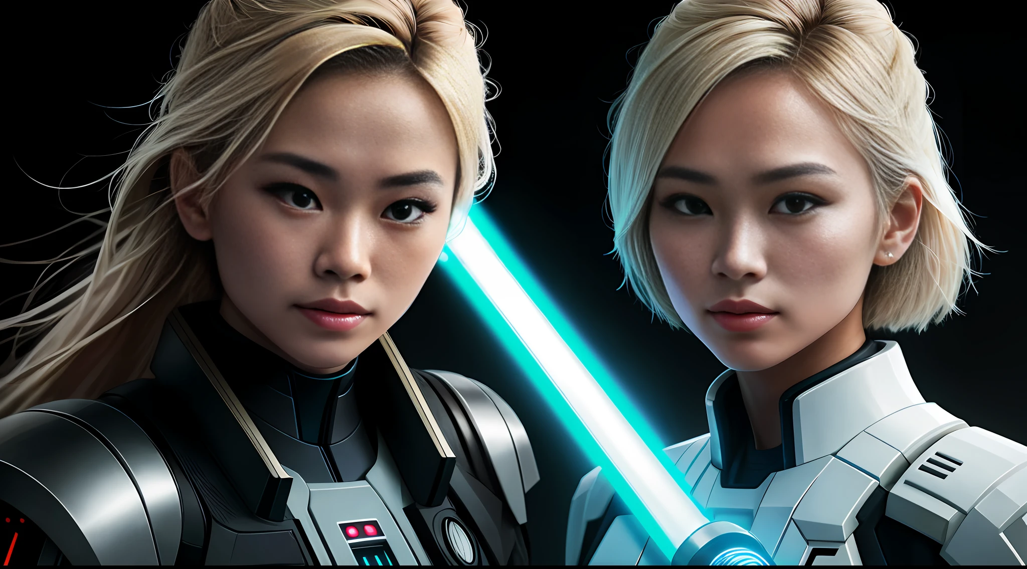 portrait photography, beautiful young thai woman is a jedi with lightsaber, blonde hair looking off camera in glowing futuristic jacket, super realistic face, eyes visible through hair, proper eye position, natural skin, soft light, rim light, hips, in road side, detailed background, intricate , highly detail, octane render, HD, 8k, by Annie Leibovitz,120mm
