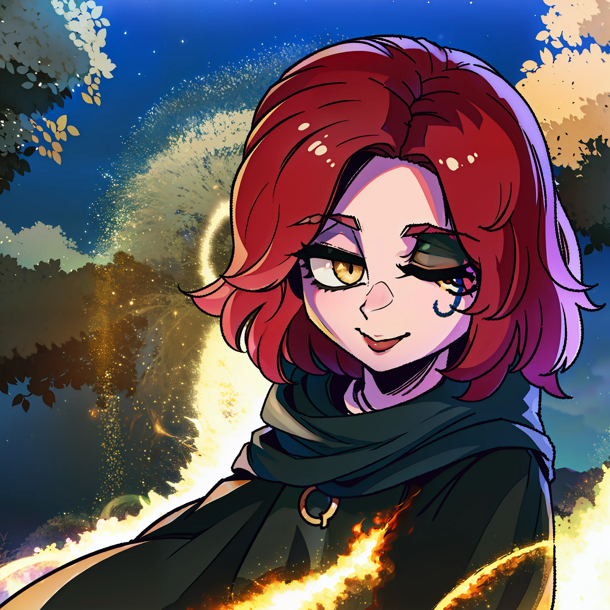 melina \(elden ring\), detailed background, ((night)), dark, erdtree in the distance, 1girl, black background, brown eyes, brown hair, cloak, green cloak, long sleeves, looking at viewer, one eye closed, short hair, solo, standing, tree, solo, yellow eyes, (pink hair:0.7), facial tattoo, expressionless, :|, tottoo on eye, eye scar , ((masterpiece)), golden, gold, divine