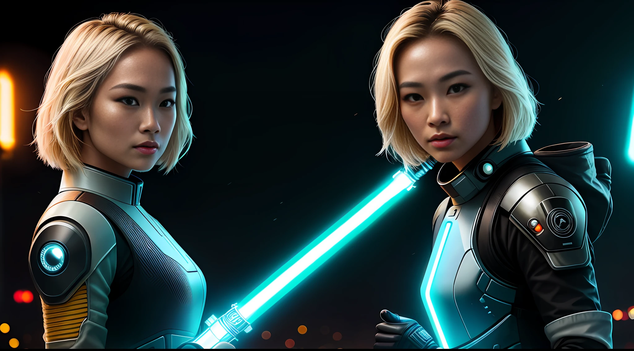 portrait photography, beautiful young thai woman is a jedi with lightsaber, blonde hair looking off camera in glowing futuristic jacket, super realistic face, eyes visible through hair, proper eye position, natural skin, soft light, rim light, hips, in road side, detailed background, intricate , highly detail, octane render, HD, 8k, by Annie Leibovitz,120mm