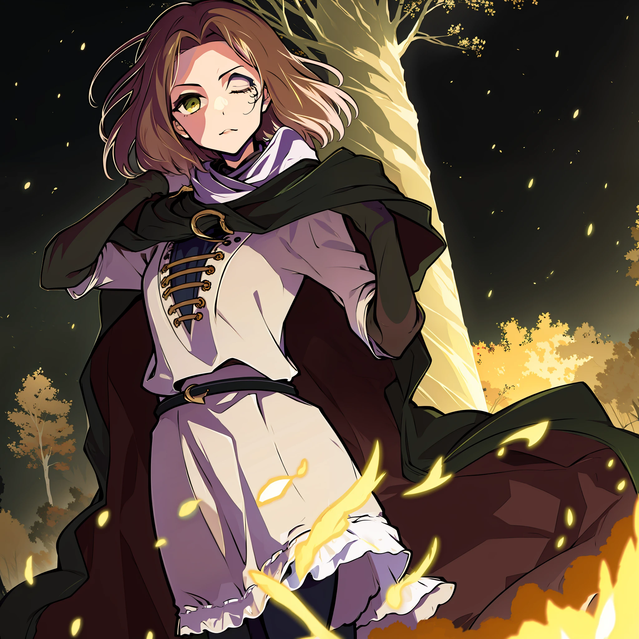 melina \(elden ring\), detailed background, ((night)), dark, erdtree in the distance, 1girl, black background, brown eyes, brown hair, cloak, green cloak, long sleeves, looking at viewer, one eye closed, short hair, solo, standing, tree, solo, yellow eyes, (pink hair:0.7), facial tattoo, expressionless, :|, tottoo on eye, eye scar , ((masterpiece)), golden, gold, divine