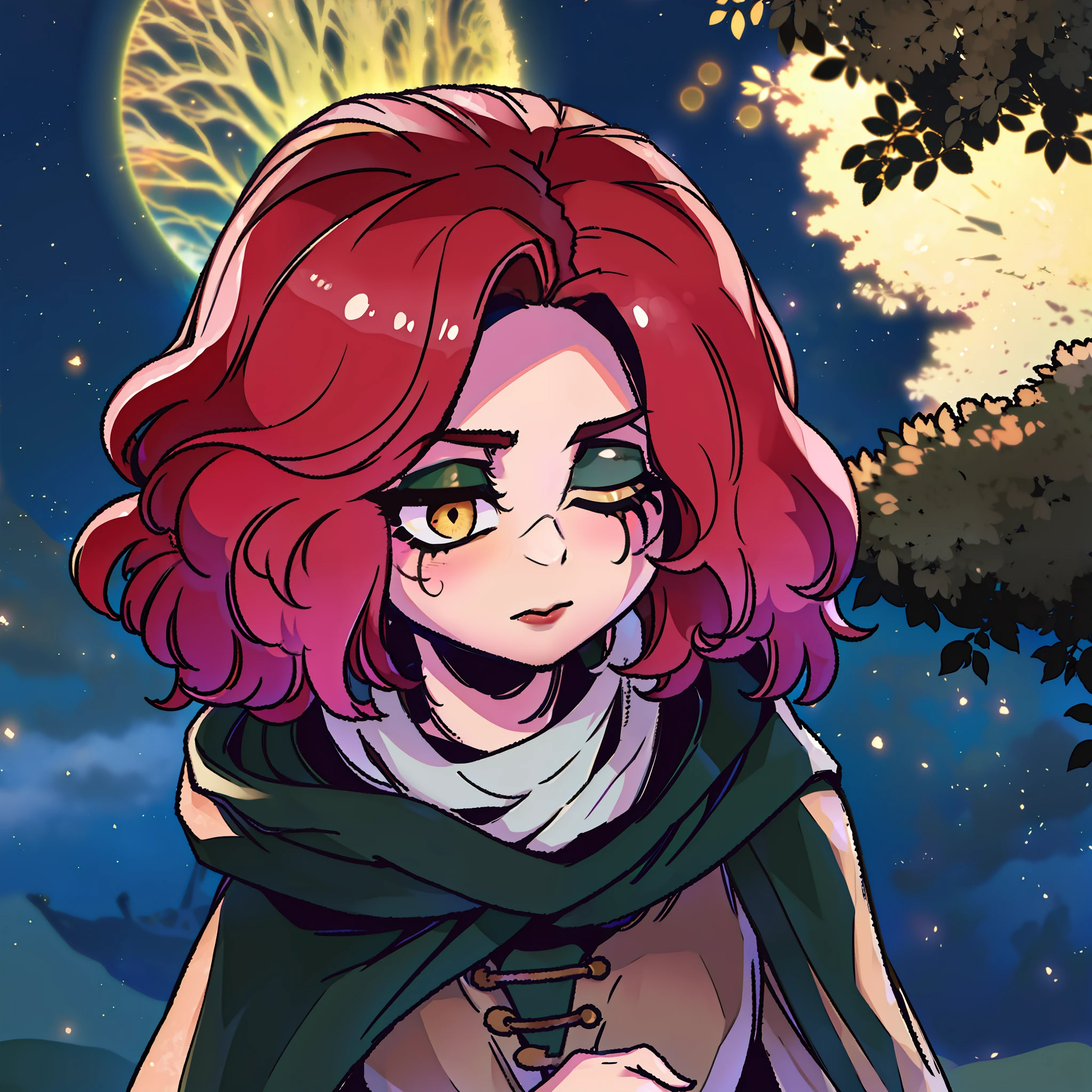 melina \(elden ring\), detailed background, ((night)), dark, erdtree in the distance, 1girl, black background, brown eyes, brown hair, cloak, green cloak, long sleeves, looking at viewer, one eye closed, short hair, solo, standing, tree, solo, yellow eyes, (pink hair:0.7), facial tattoo, expressionless, :|, tottoo on eye, eye scar , ((masterpiece)), golden, gold, divine