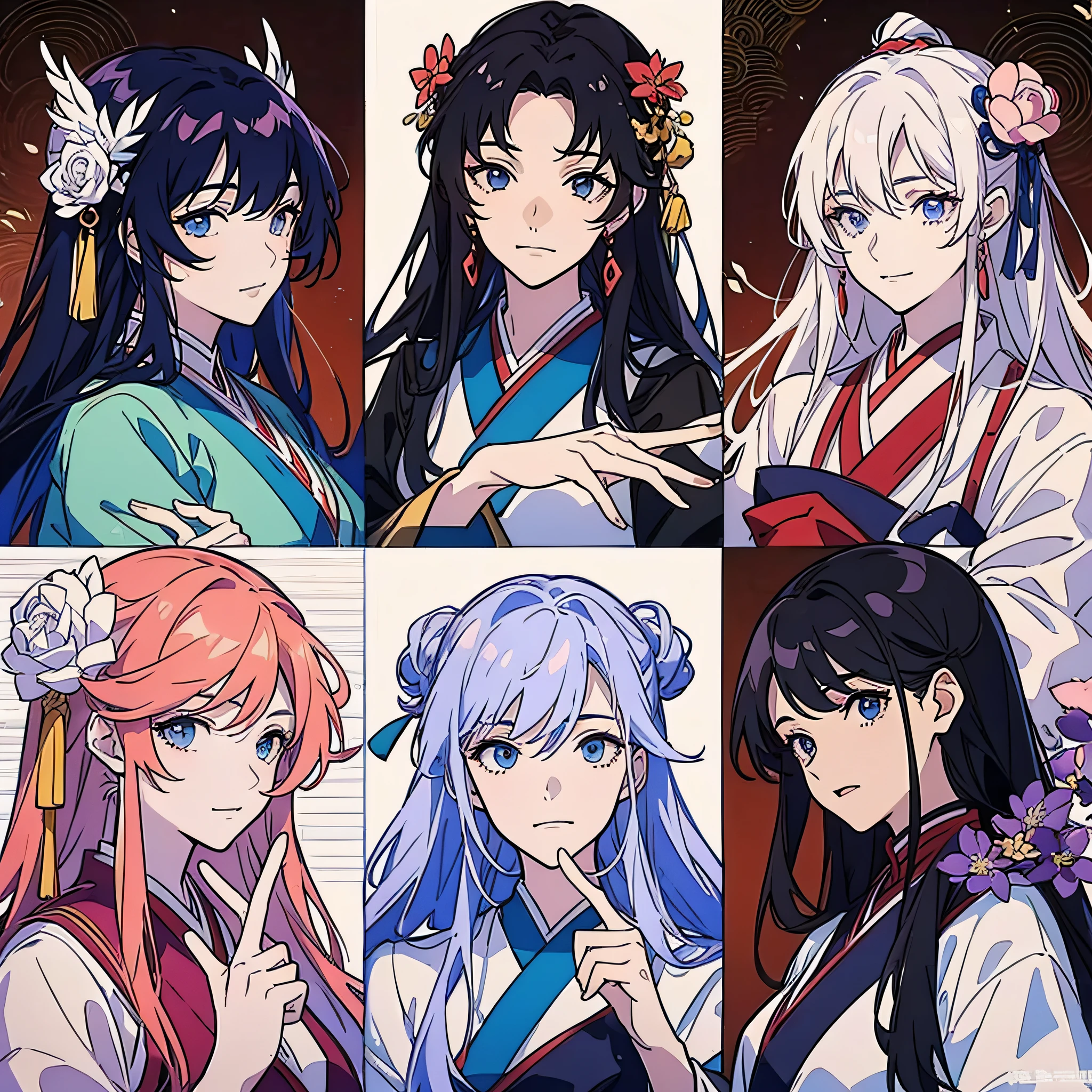 Six people, girls, same frame, anime-style characters, absolutely beautiful, Hanfu, facing forward, three-dimensional characters, exquisite faces,