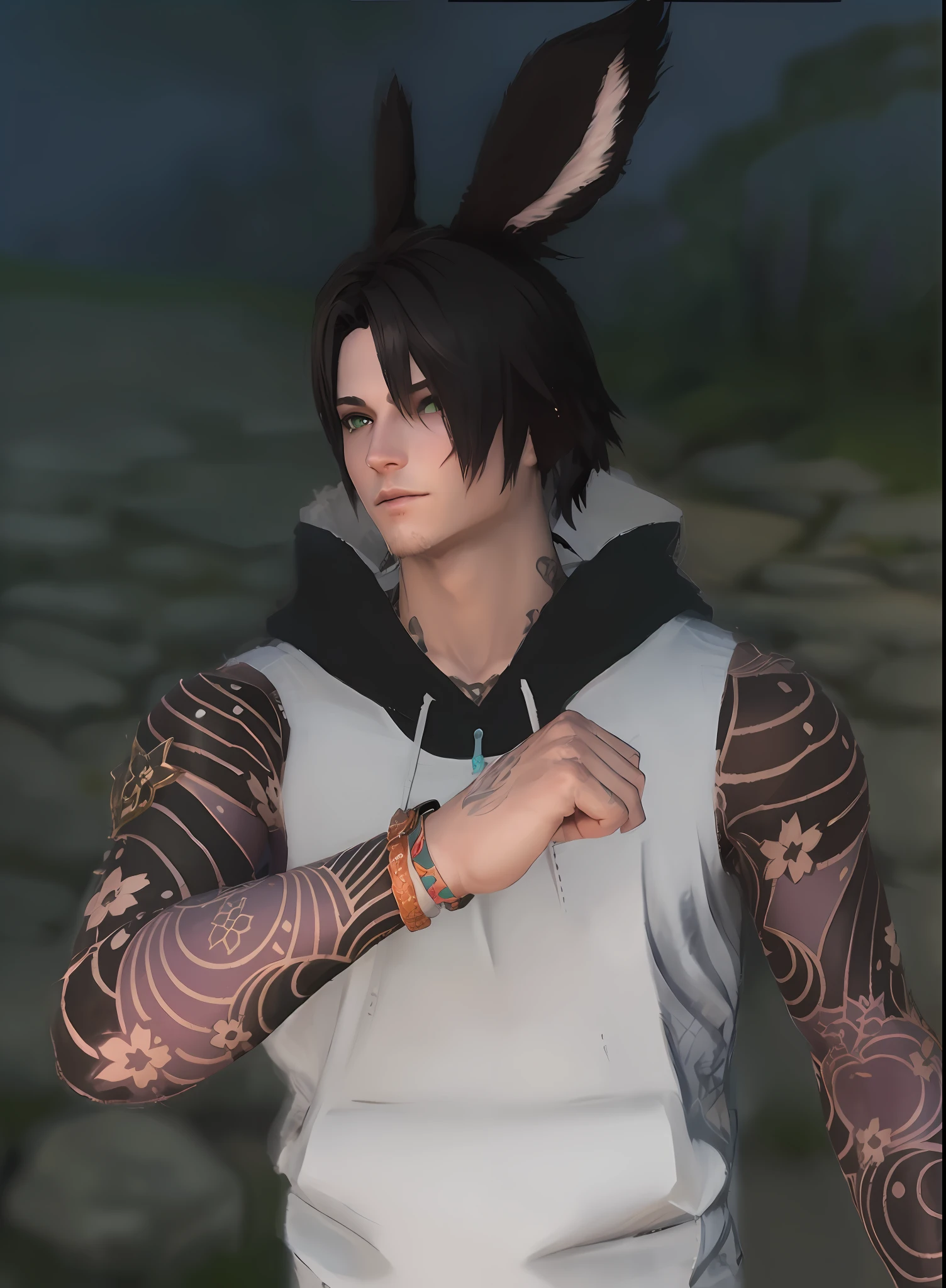 there is a man with a rabbit ear and a sleeve tattoo, final fantasy 14 style, tranding on pxiv, wearing cybernetic bunny ears, final fantasy 14 sharp, full body close-up shot, thancred waters in style of wlop, rin, inspired by Ren Renfa, full body shot close up, trending on pxiv