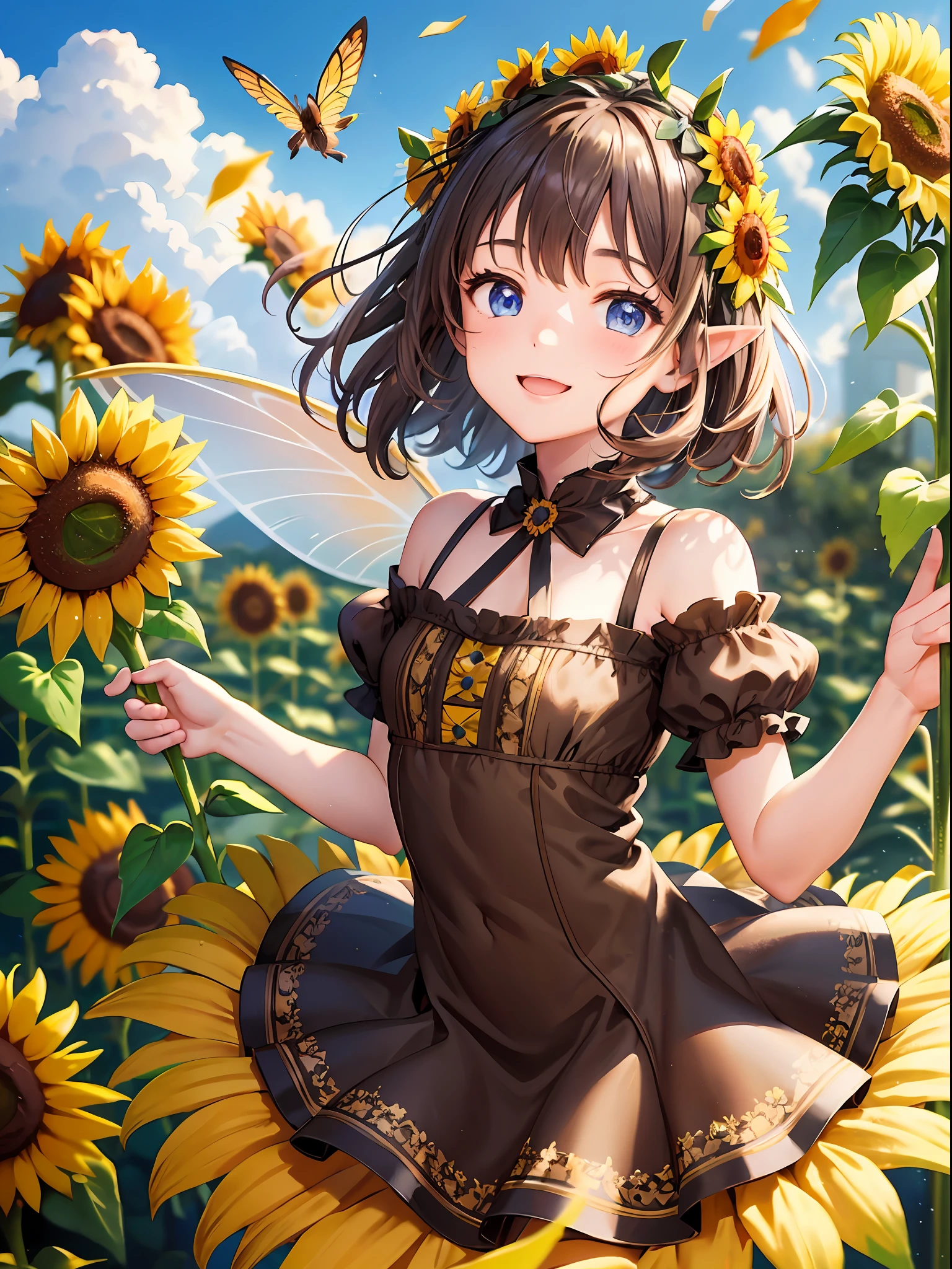 Girl, sunflower fairy, elven ears, fairy wings, beautiful detailed eyes. Eyes mixed with brown and blue. Brown natural permed hair. Short hair to the chin. Brown-burnt skin. Sunflower hair ornament. Tiara. Yellow dress. Fluttering miniskirt. Playing with sunflowers. The depth of field in the photo is perfect, and the lens flare adds a nice touch. Cheerful smile. For this photo the score is definitely over 10. The background is a flower field of sunflowers. Jumping.