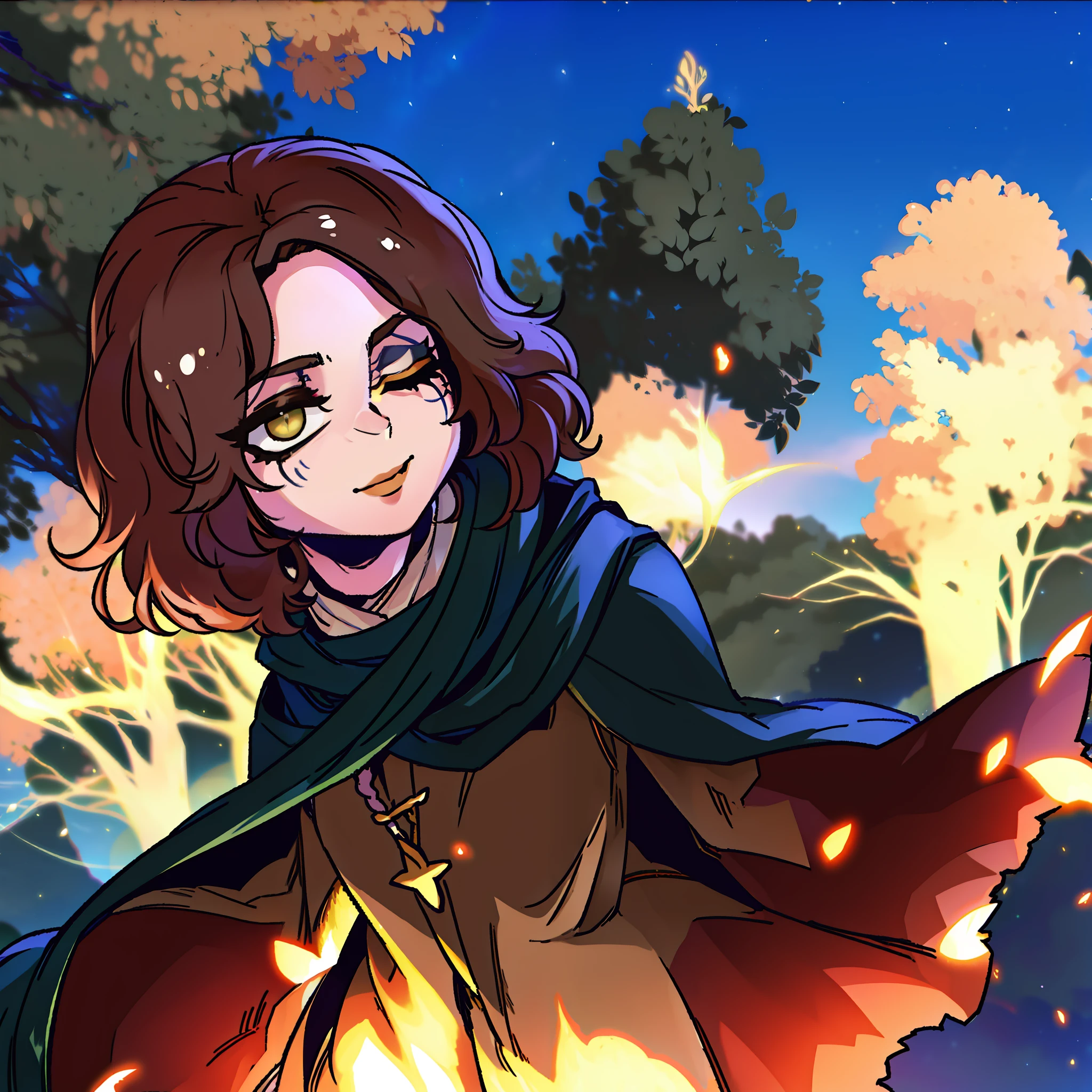 melina \(elden ring\), detailed background, ((night)), dark, erdtree in the distance, 1girl, black background, brown eyes, brown hair, cloak, green cloak, long sleeves, looking at viewer, one eye closed, short hair, solo, standing, tree, solo, yellow eyes, (pink hair:0.7), facial tattoo, expressionless, :|, tottoo on eye, eye scar , ((masterpiece)), golden, gold, divine