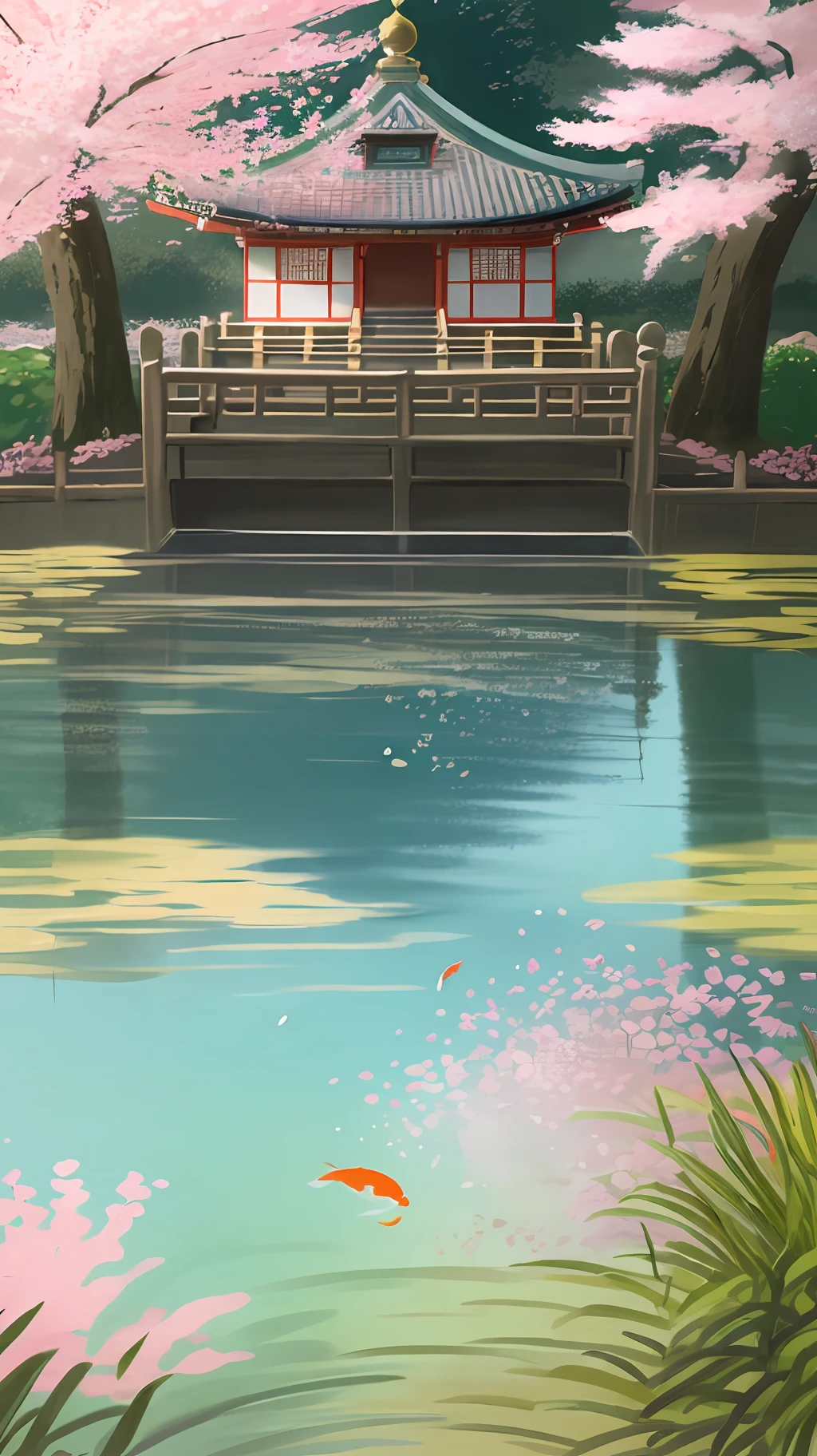 (digital painting),(best quality), (buildings:1.3), serene Japanese garden, cherry blossoms in full bloom, koi pond, footbridge, pagoda, Ukiyo-e art style, Hokusai inspiration, Deviant Art popular, 8k ultra-realistic, pastel color scheme, soft lighting, golden hour, tranquil atmosphere, landscape orientation