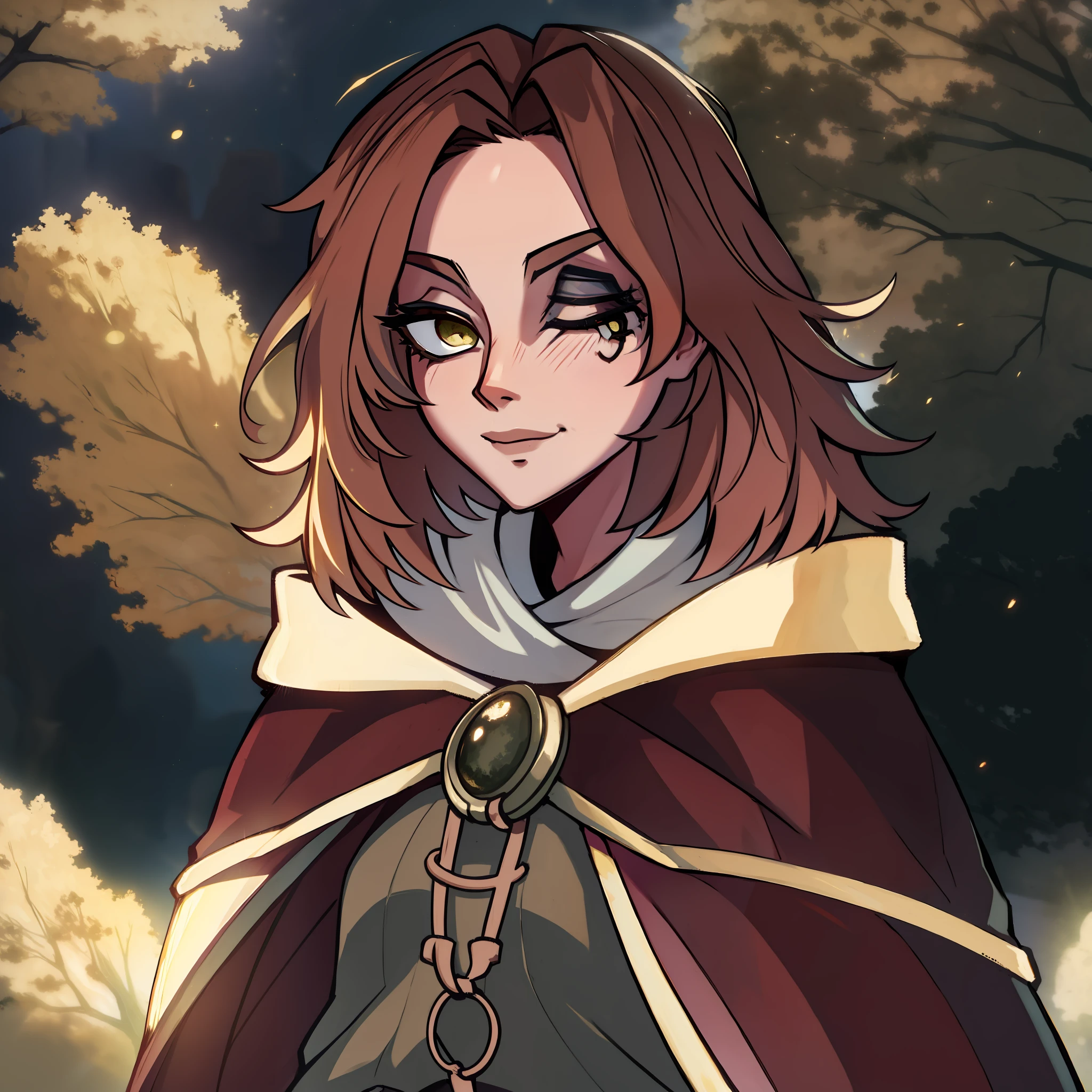 melina \(elden ring\), detailed background, ((night)), dark, erdtree in the distance, 1girl, black background, brown eyes, brown hair, cloak, green cloak, long sleeves, looking at viewer, one eye closed, short hair, solo, standing, tree, solo, yellow eyes, (pink hair:0.7), facial tattoo, expressionless, :|, tottoo on eye, eye scar , ((masterpiece)), golden, gold, divine