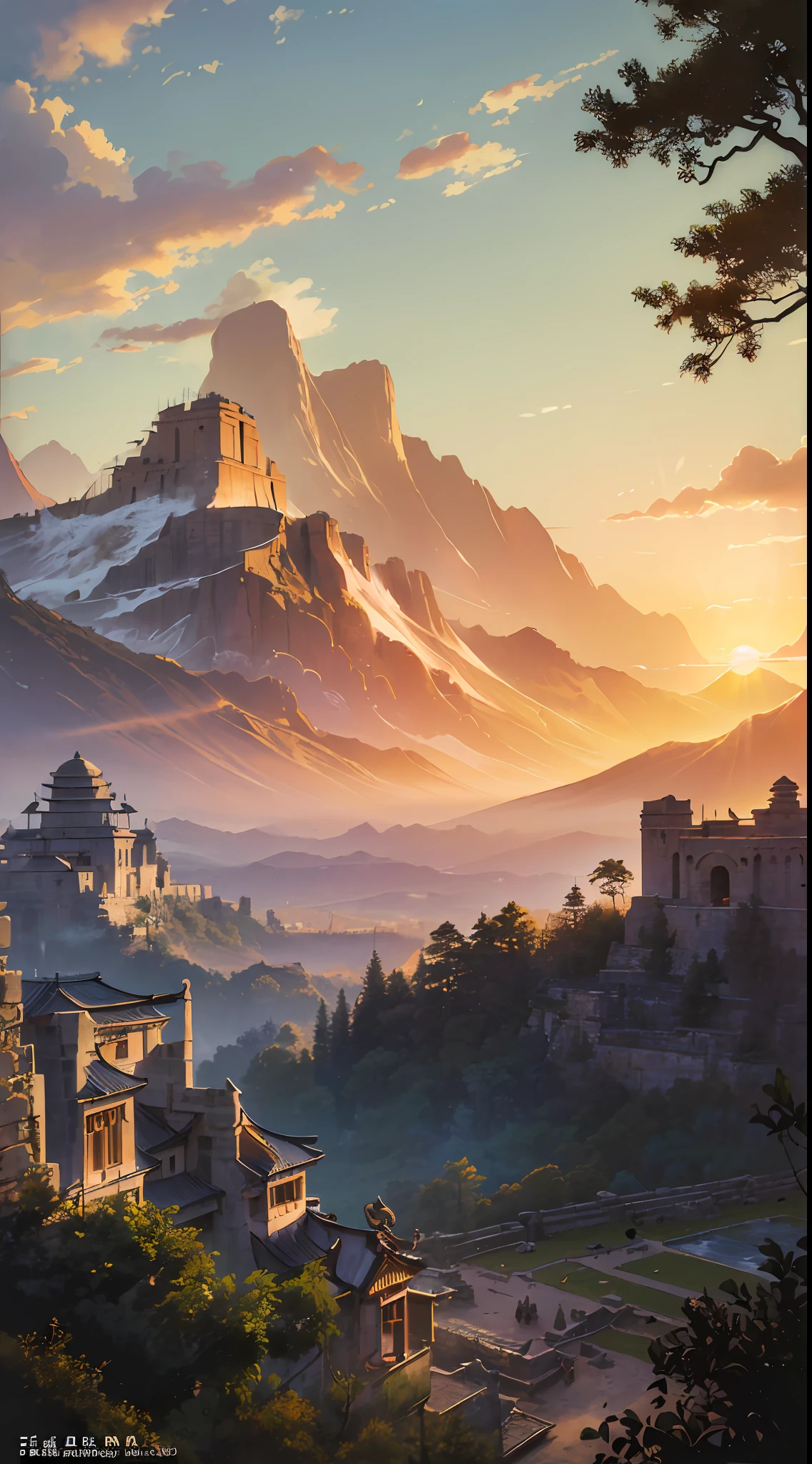((((ancient style))), fresh description, casual looking back, the scenery in front of you is long, the distant peaks are racing, the sunset contains poetic sunset, the sunset is spread over the earth, lingering with a faint poetic atmosphere, graceful and luxurious, subtle and restrained.