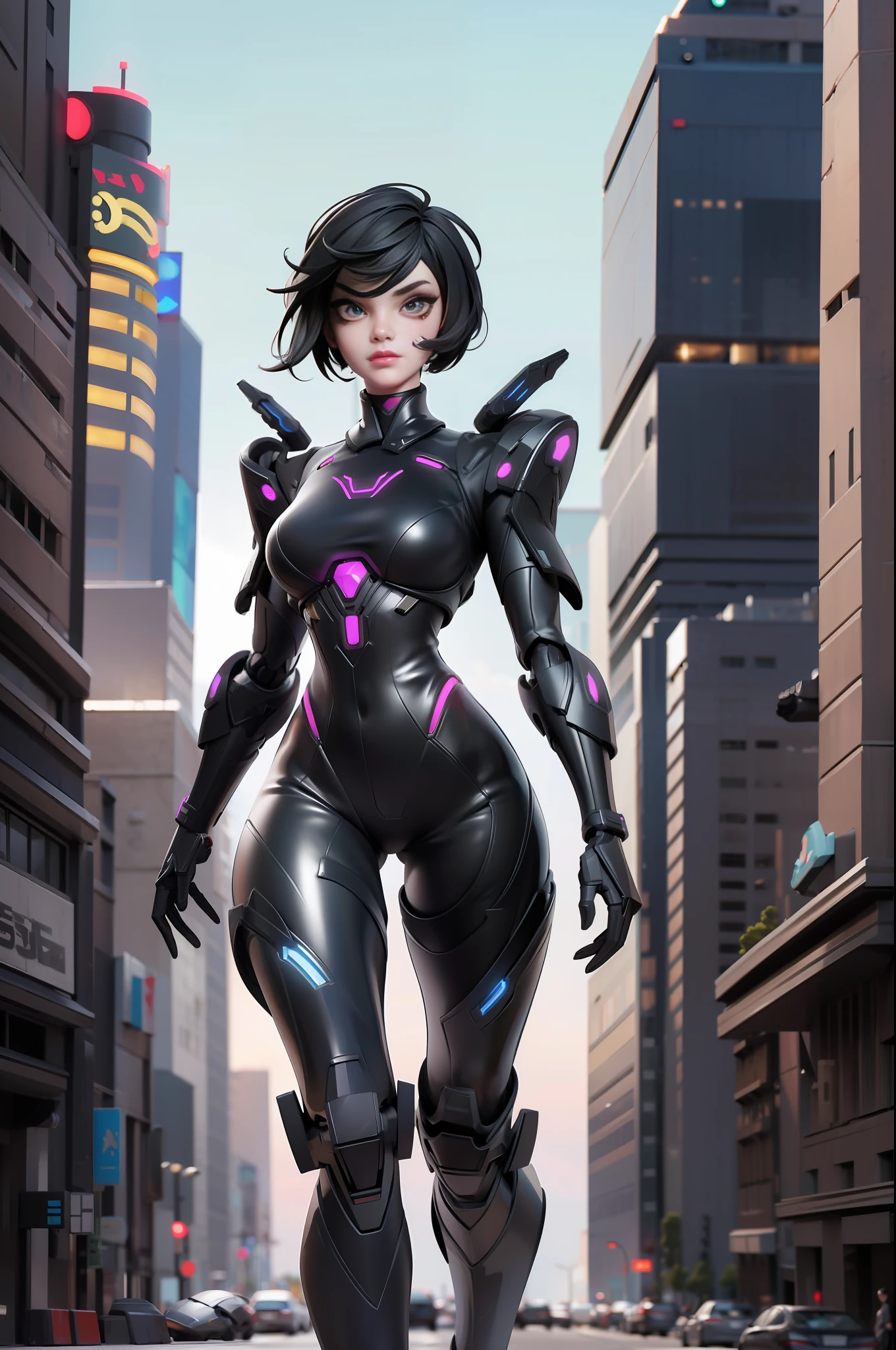 full body picture Unreal Engine 5 8K UHD of beautiful girl, black short hair, wearing futuristic black tight bodysuit, half face cyberpunk mask, futuristic neck collar, beauty makeup, walking in front of battle robots behind, best quality, masterpiece