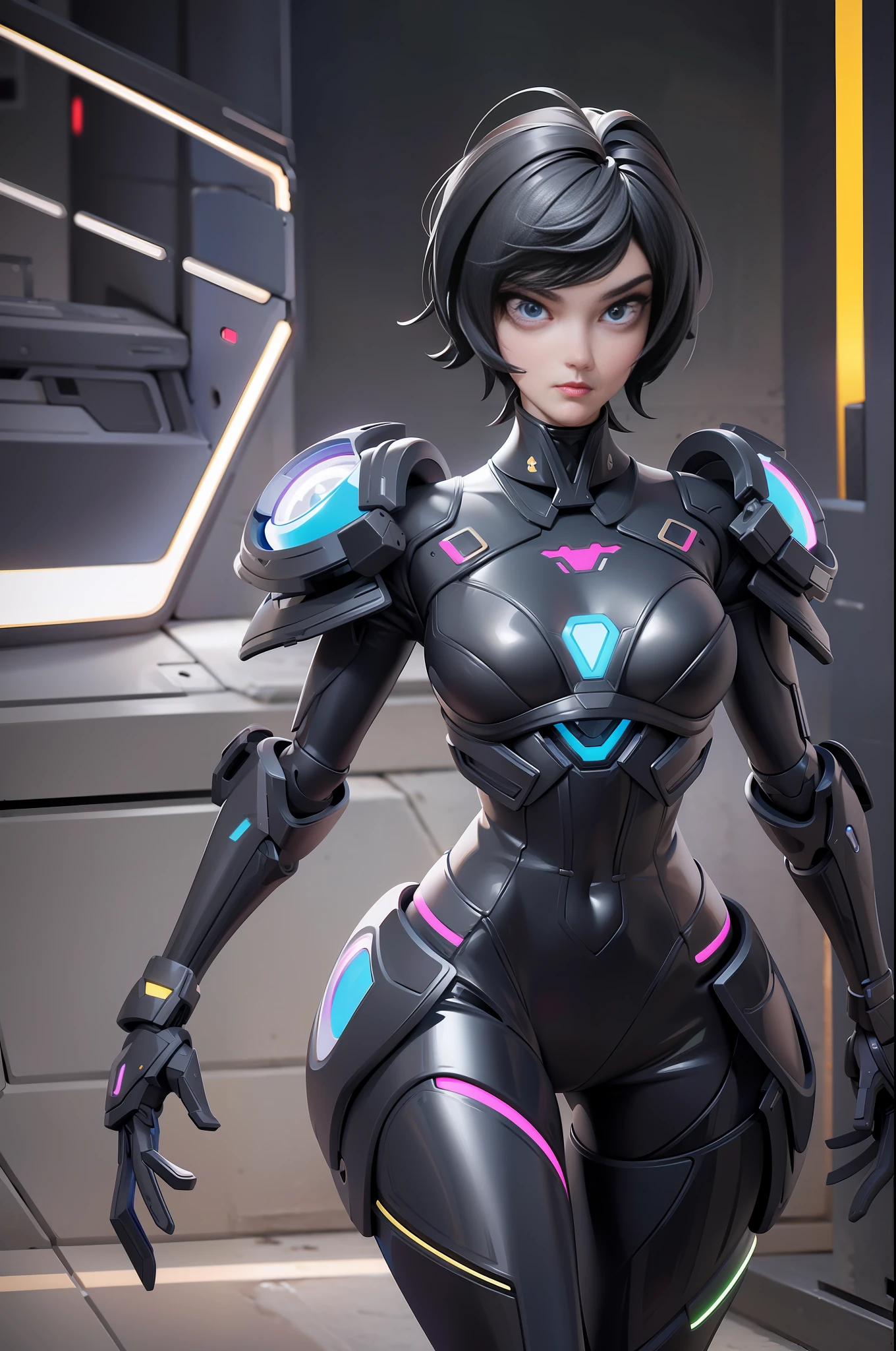 full body picture Unreal Engine 5 8K UHD of beautiful girl, black short hair, wearing futuristic black tight bodysuit, half face cyberpunk mask, futuristic neck collar, beauty makeup, walking in front of battle robots behind, best quality, masterpiece