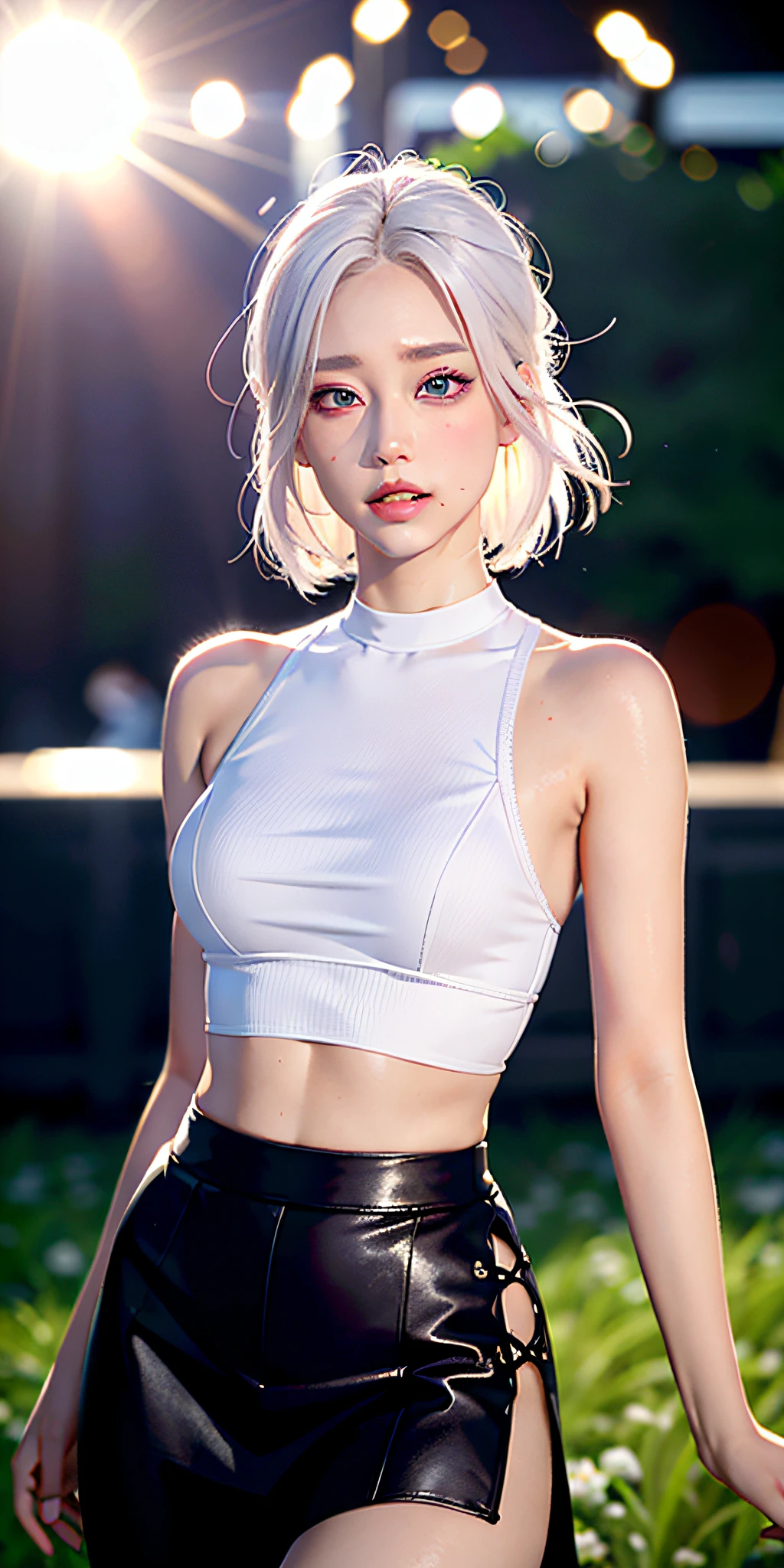 realistic, 1girl, white hair, purple eyes, glowing eyes, crop top, skirt, parted lips, blush, night, flowers, sun, sunlight,