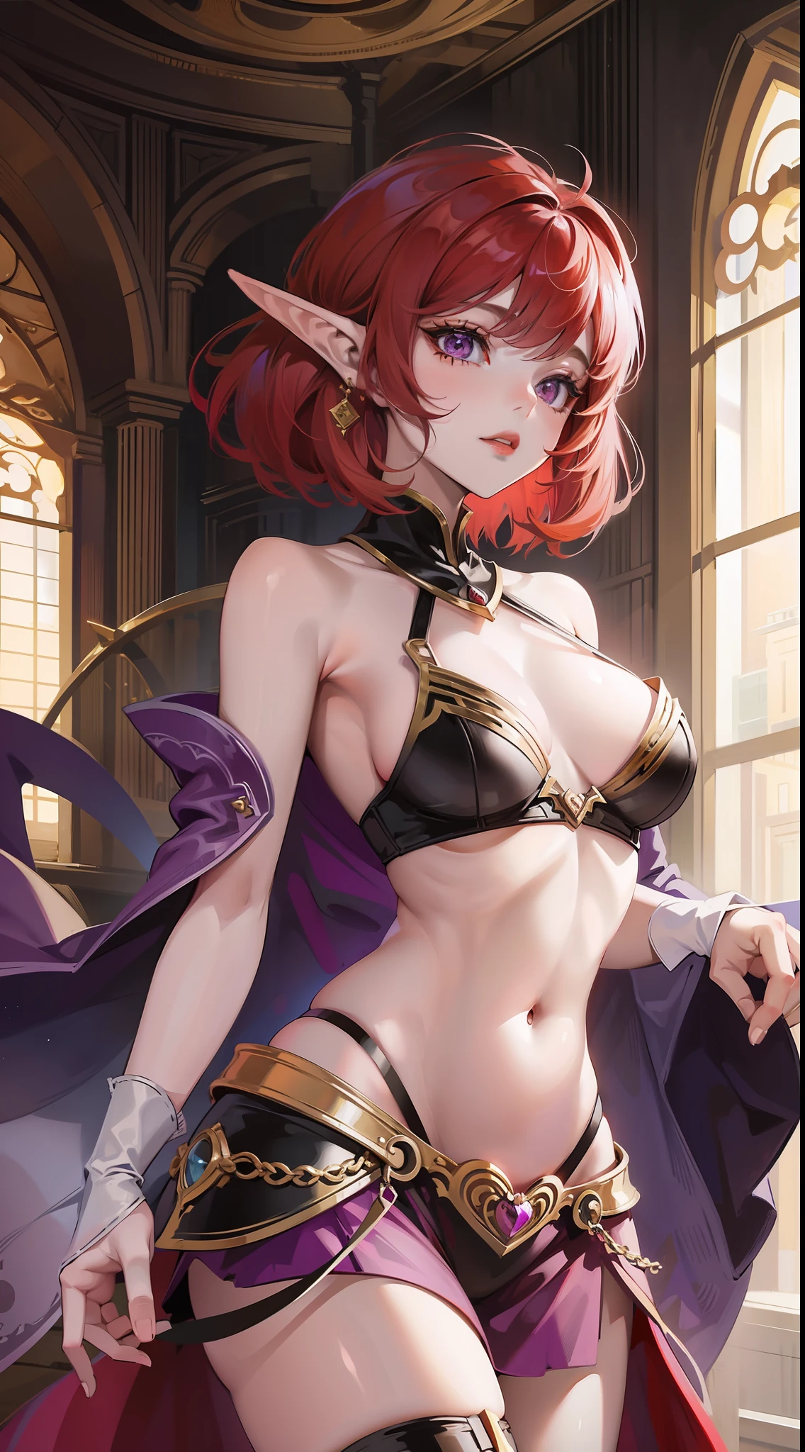 Young girl, short red hair, purple eyes, elven ears, open dress, open breasts, inner breasts, lower breasts, lower breasts, wide breasts, achegao, open belly, masterpiece, high quality