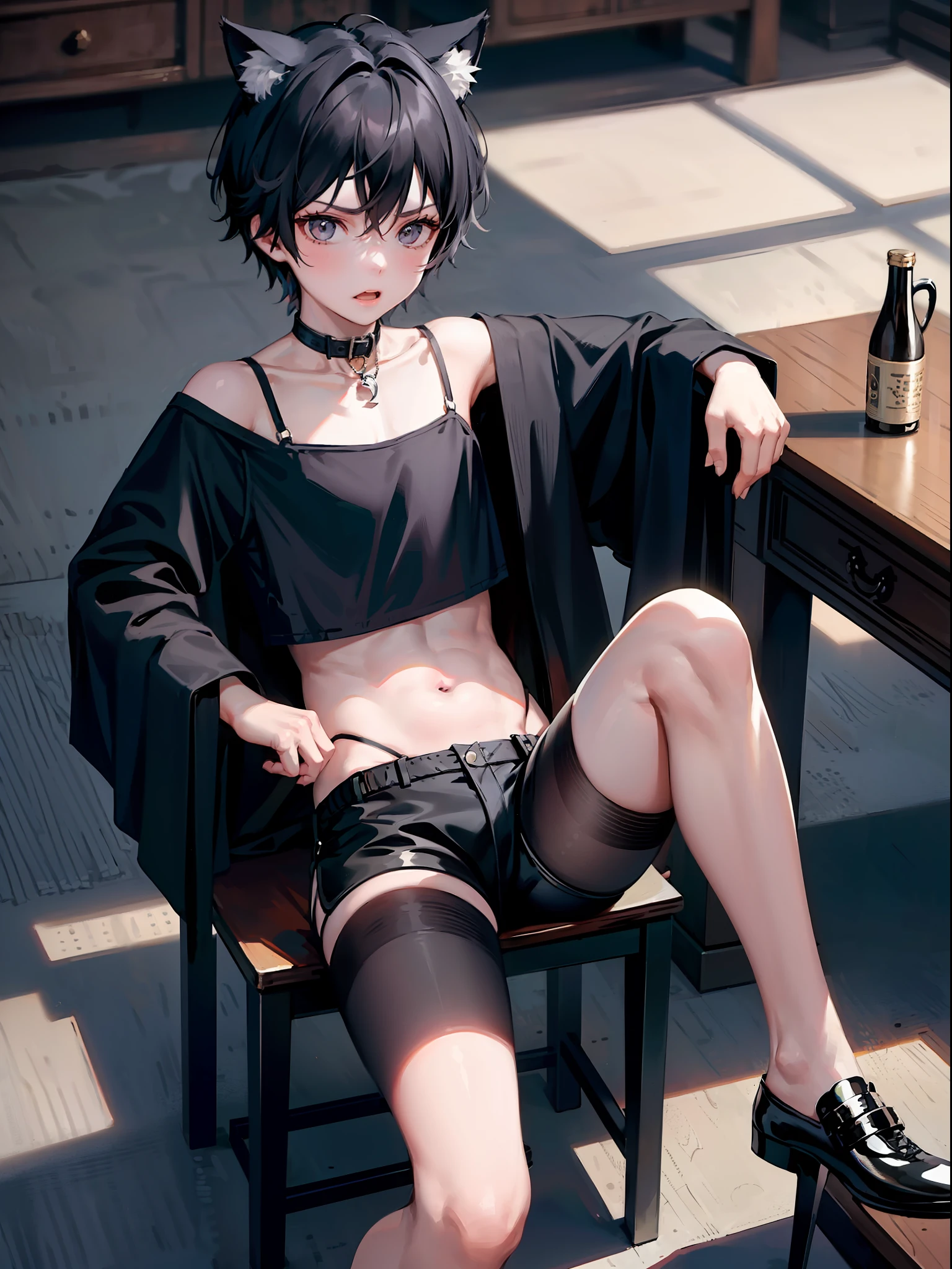 A boy, cat ears short shorts, legged open, serious look sexy boy, on top of a chair