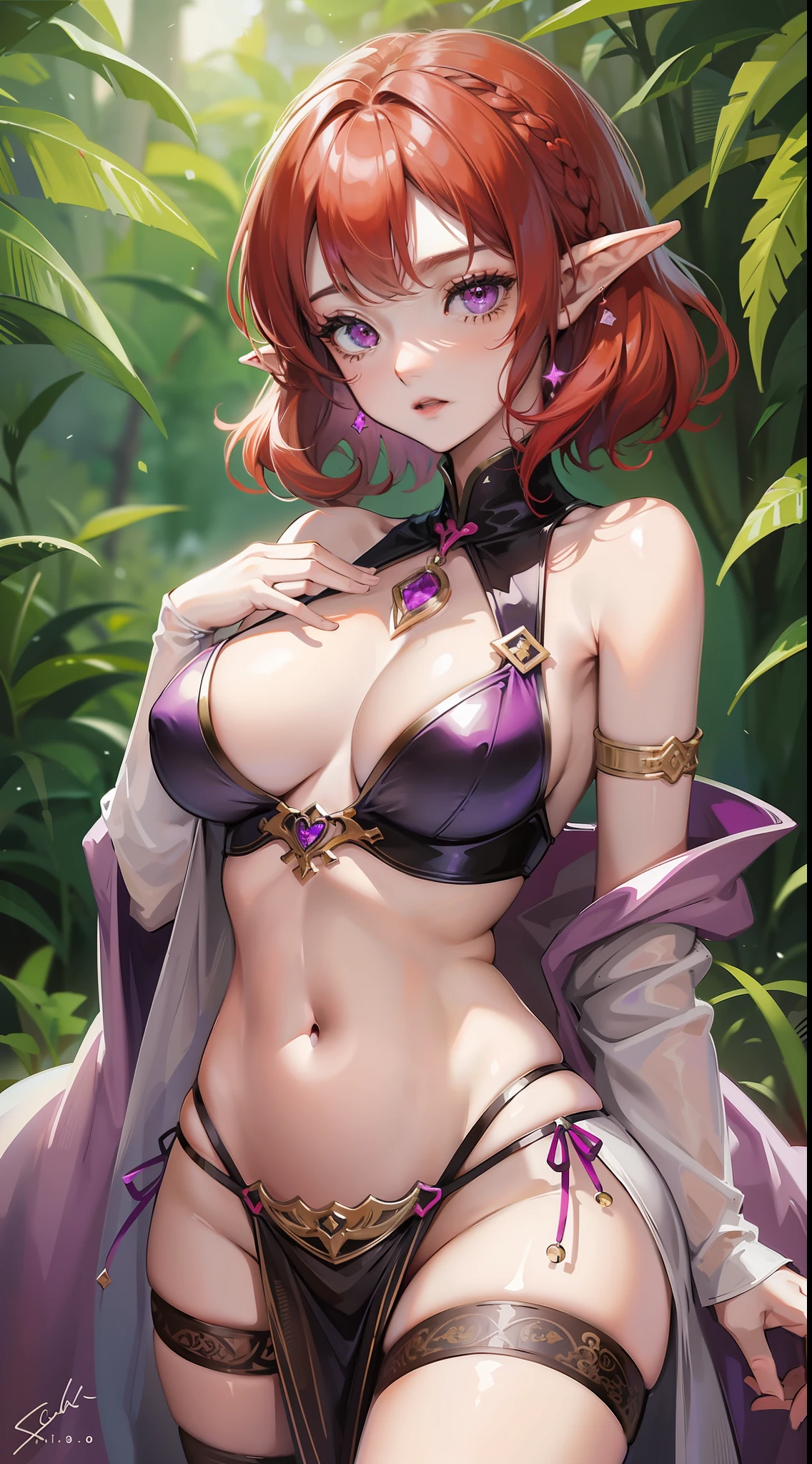 Young girl, short red hair, purple eyes, elven ears, open dress, open breasts, inner breasts, lower breasts, lower breasts, wide breasts, achegao, open belly, masterpiece, high quality