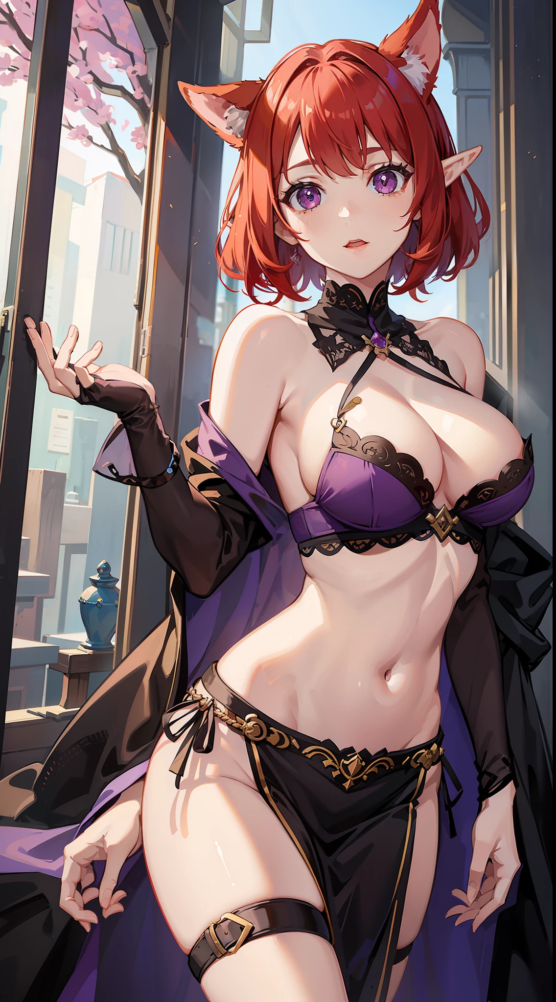 Young girl, short red hair, purple eyes, elven ears, open dress, open breasts, inner breasts, lower breasts, lower breasts, wide breasts, achegao, open belly, masterpiece, high quality