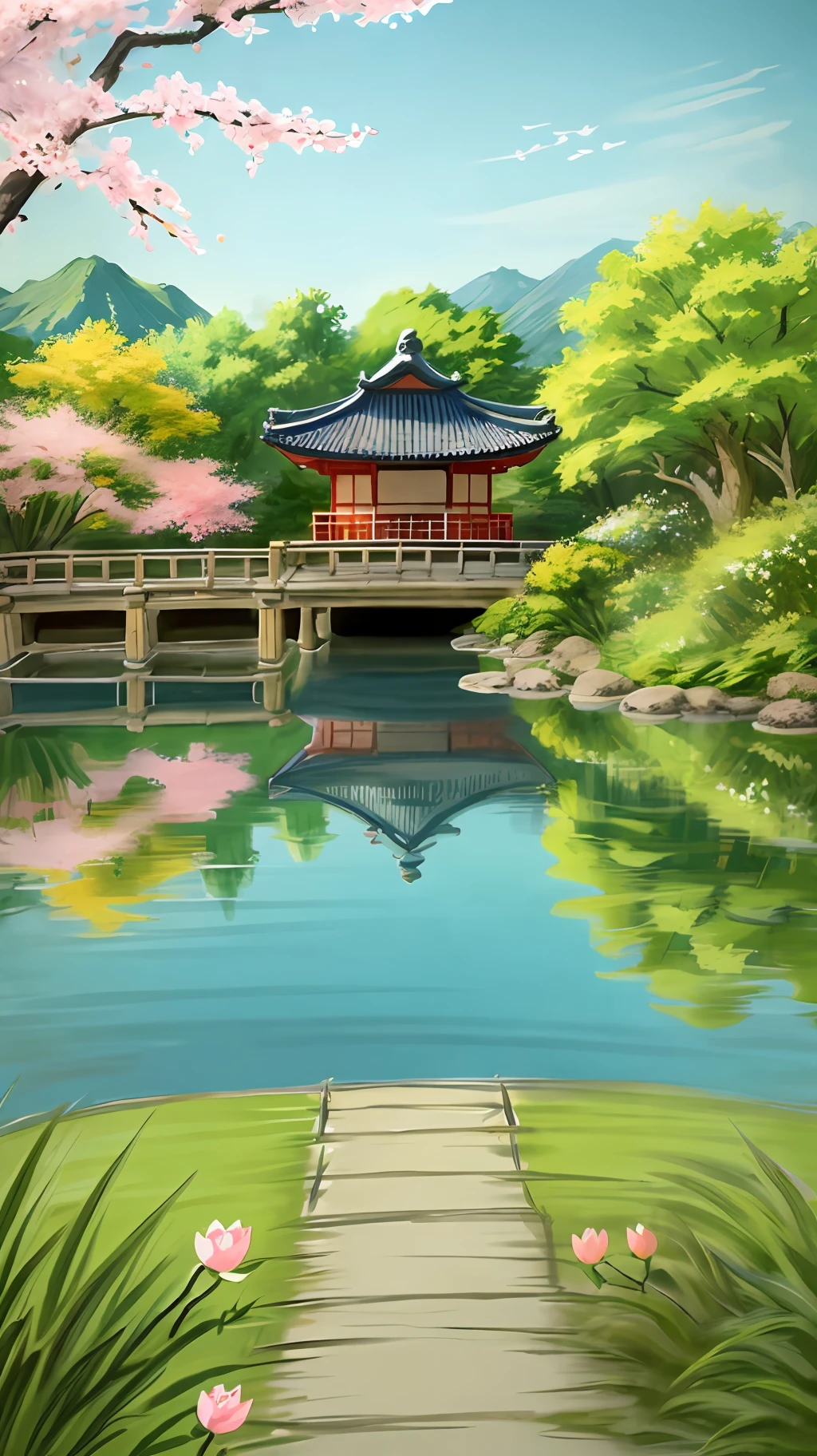 (digital painting),(best quality), (buildings:1.3), serene Japanese garden, cherry blossoms in full bloom, koi pond, footbridge, pagoda, Ukiyo-e art style, Hokusai inspiration, Deviant Art popular, 8k ultra-realistic, pastel color scheme, soft lighting, golden hour, tranquil atmosphere, landscape orientation