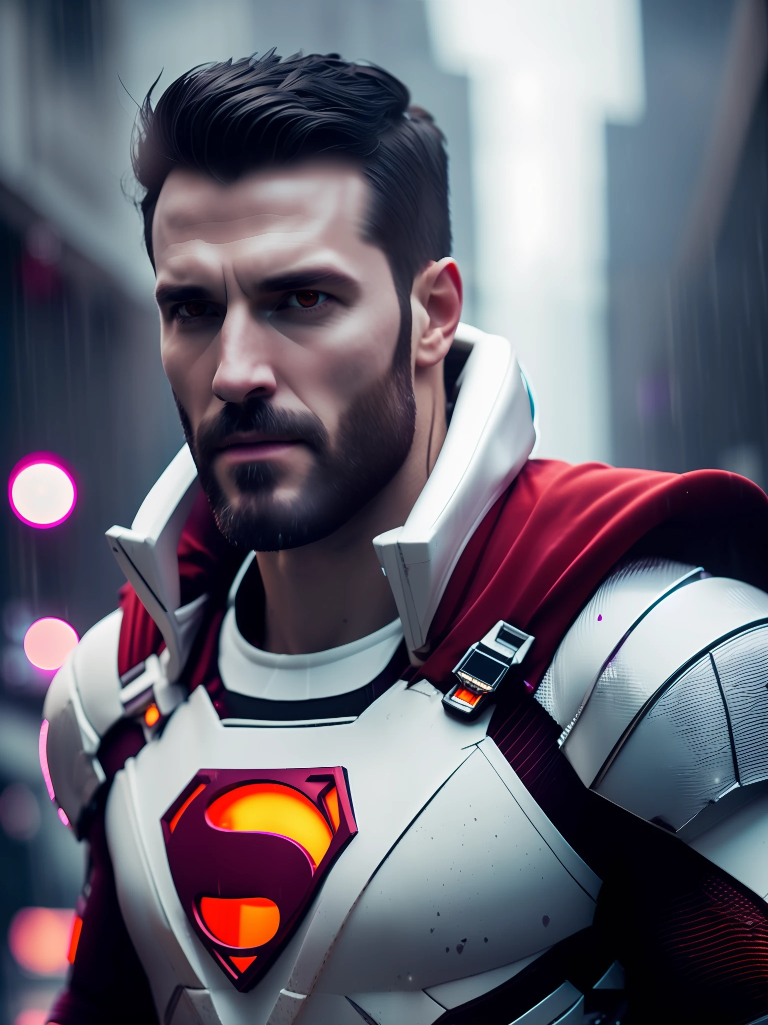 Evil Superman award-winning photo of a man, white superhero suit, square jawline, asymmetric face, white hair, white big beard, in rain, angry, red eyes, purple light, 80mm, bokeh, mass effect, close up, fking_cinema_v2, 8k, cinematic