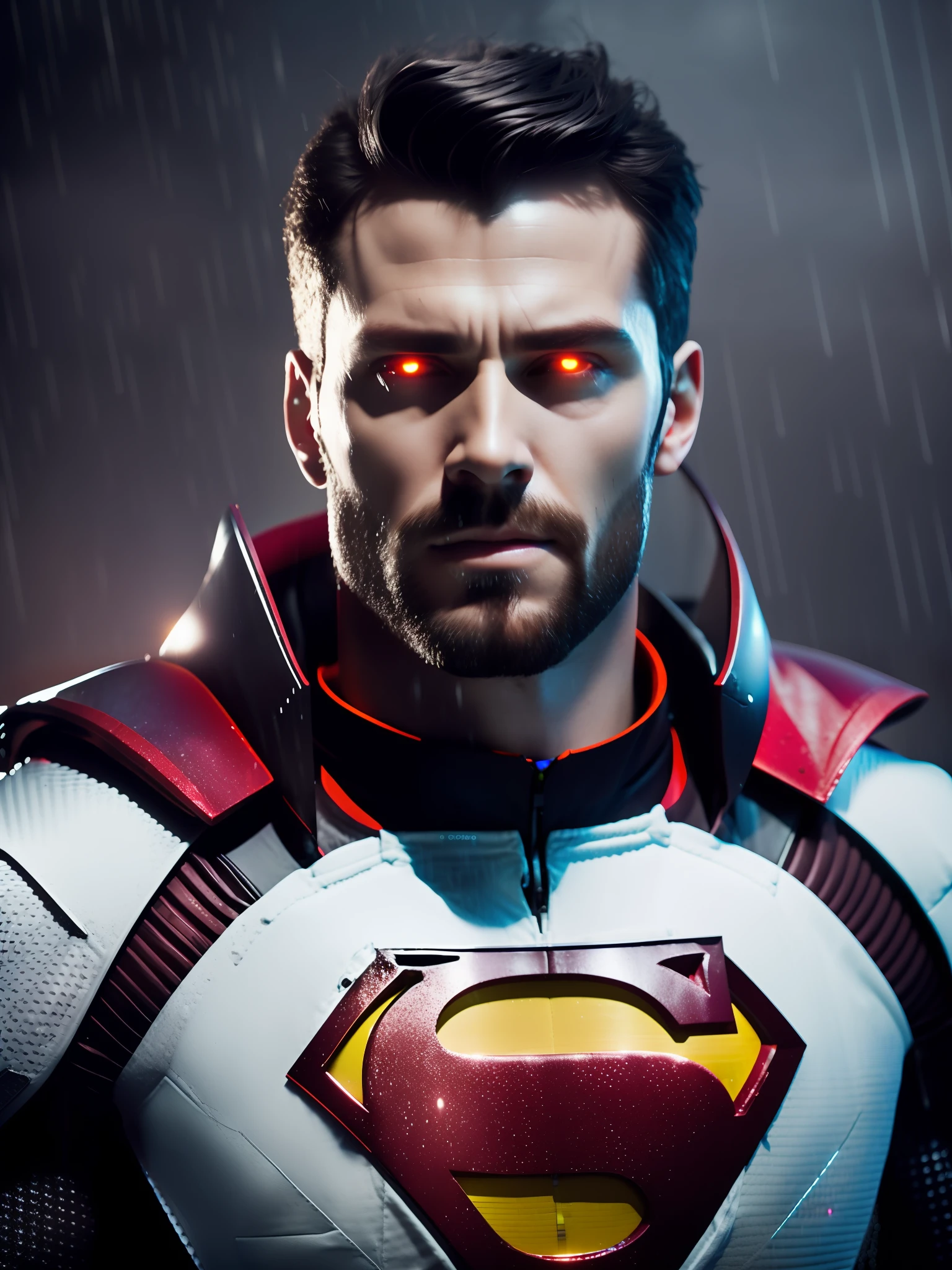 Evil Superman award-winning photo of a man, white superhero suit, square jawline, asymmetric face, white hair, white big beard, in rain, angry, red eyes, purple light, 80mm, bokeh, mass effect, close up, fking_cinema_v2, 8k, cinematic
