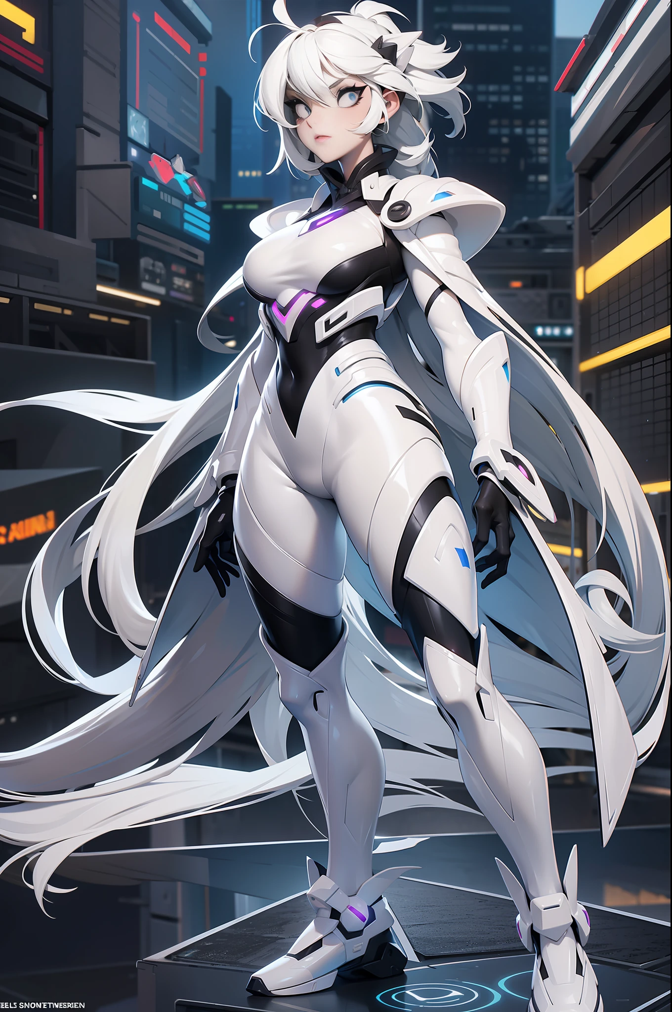 full body picture Unreal Engine 5 8K UHD of beautiful girl, white hair, wearing futuristic black tight battle suit, half face cyberpunk mask, futuristic neck collar, beauty makeup, best quality, masterpiece