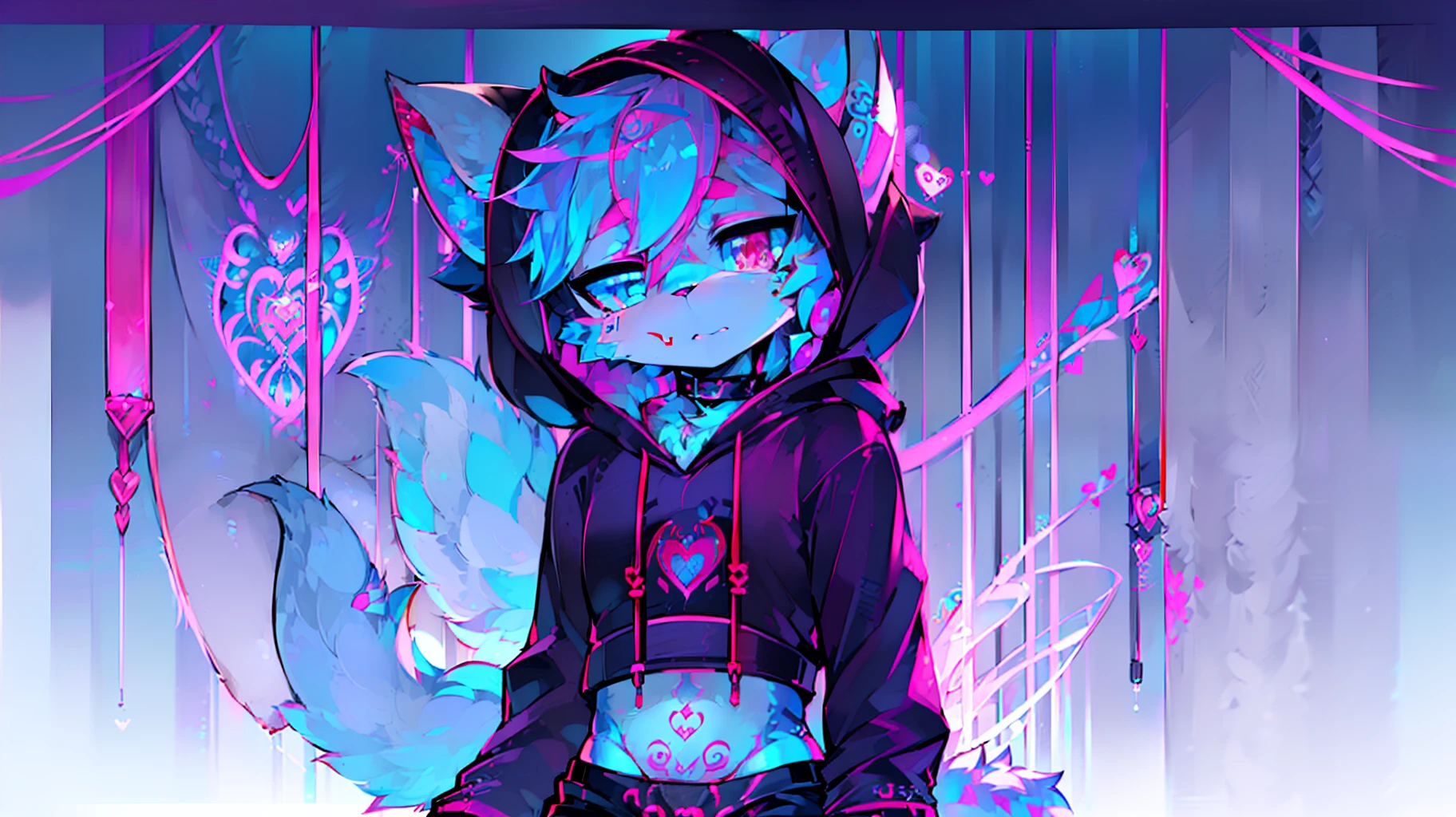 Black Fox, Fox, (Black Body, White Body:1.3)), masterpiece, collar, (Dragon Wings:1.45), (womb tattoo:1.85), (headphones:1.4), (Hoodie crop:1.82),, short hair, black hair, male, bisexual, (puppet:1.2), (Boy:1.55), Soft, ((fluffy, fluffy body, fluffy tail:1.55)), blush, (short pants:1.55), Not very skinny, (headphones:1.55), 1femboy, (Thigh High Socks, Femboy Clothing, Femboy Femboy Thigh Highs:1.2), ( a blue eyes:1.51),(a pink eyes:1.51),(heterochromia blue pink:1.52), beautiful detailed eyes, Highlight eye, ((gradient_eyes):1.6), ((blue eyes, pink eyes:1.55)), beautiful art, By Snow