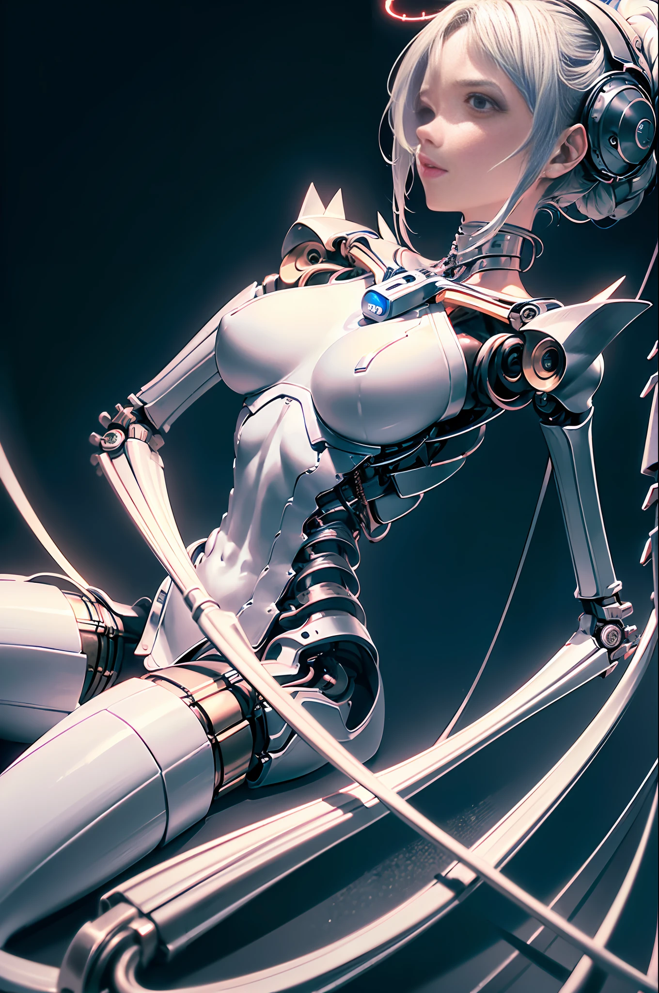 (((Masterpiece))), ((Best Quality)), ((Super Detailed)), (CG illustration), ((Extremely delicate and beautiful)), (from the side), Cinematic light, (((1 mechanical girl)), single, front, whole body, breast, ( machine-made joints: 1.2), ((mechanical limbs)), (blood vessels connected to tubes), (mechanical spine attached to the back), ((mechanical cervical vertebrae attached to the neck)), (sitting), expressionless, high cold, (wires and cables around the neck: 1.2), (wires and cables on the head: 1.2) (character focused), sci-fi, extremely thin, colorful, thinnest