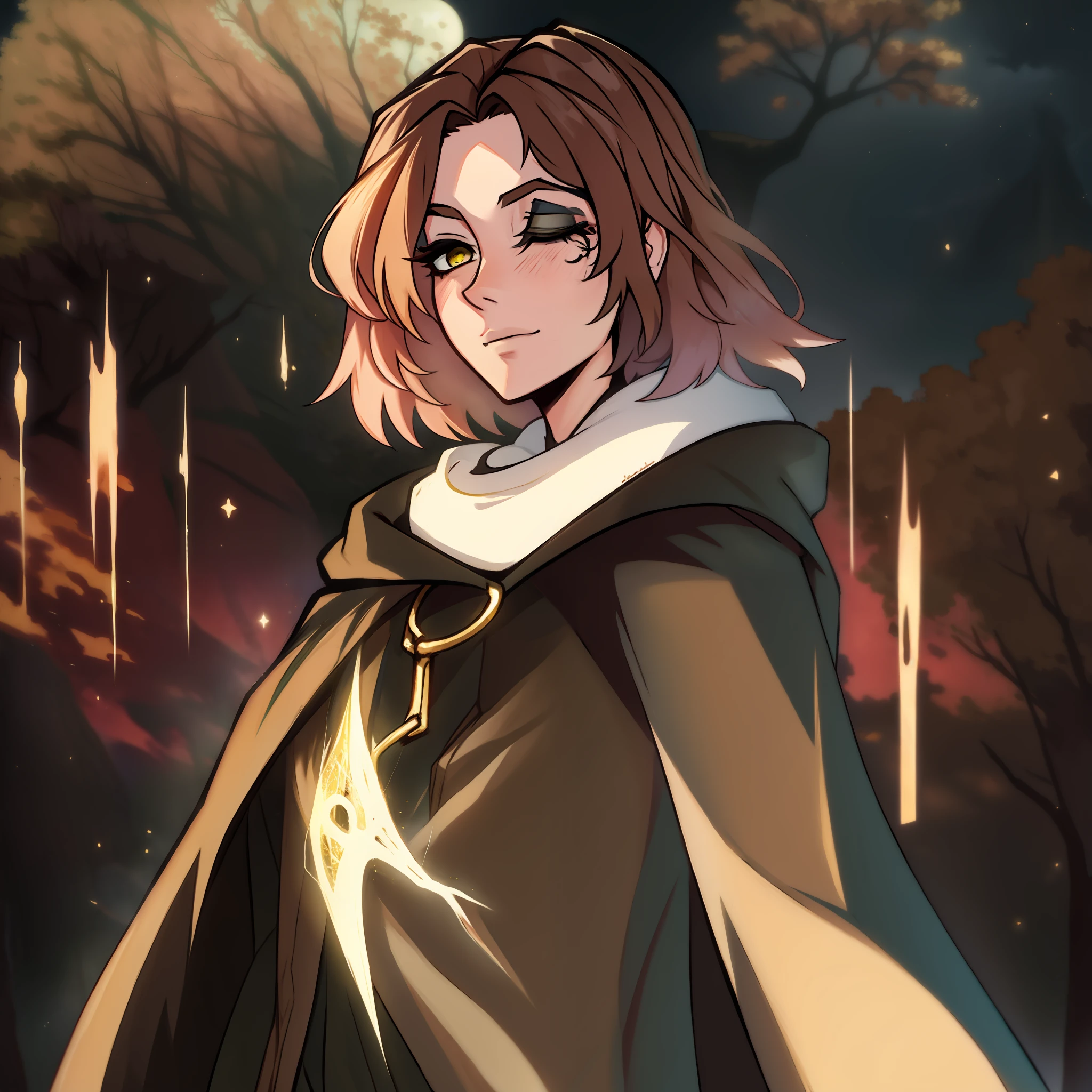 melina \(elden ring\), detailed background, ((night)), dark, erdtree in the distance, 1girl, black background, brown eyes, brown hair, cloak, green cloak, long sleeves, looking at viewer, one eye closed, short hair, solo, standing, tree, solo, yellow eyes, (pink hair:0.7), facial tattoo, expressionless, :|, tottoo on eye, eye scar , ((masterpiece)), golden, gold, divine