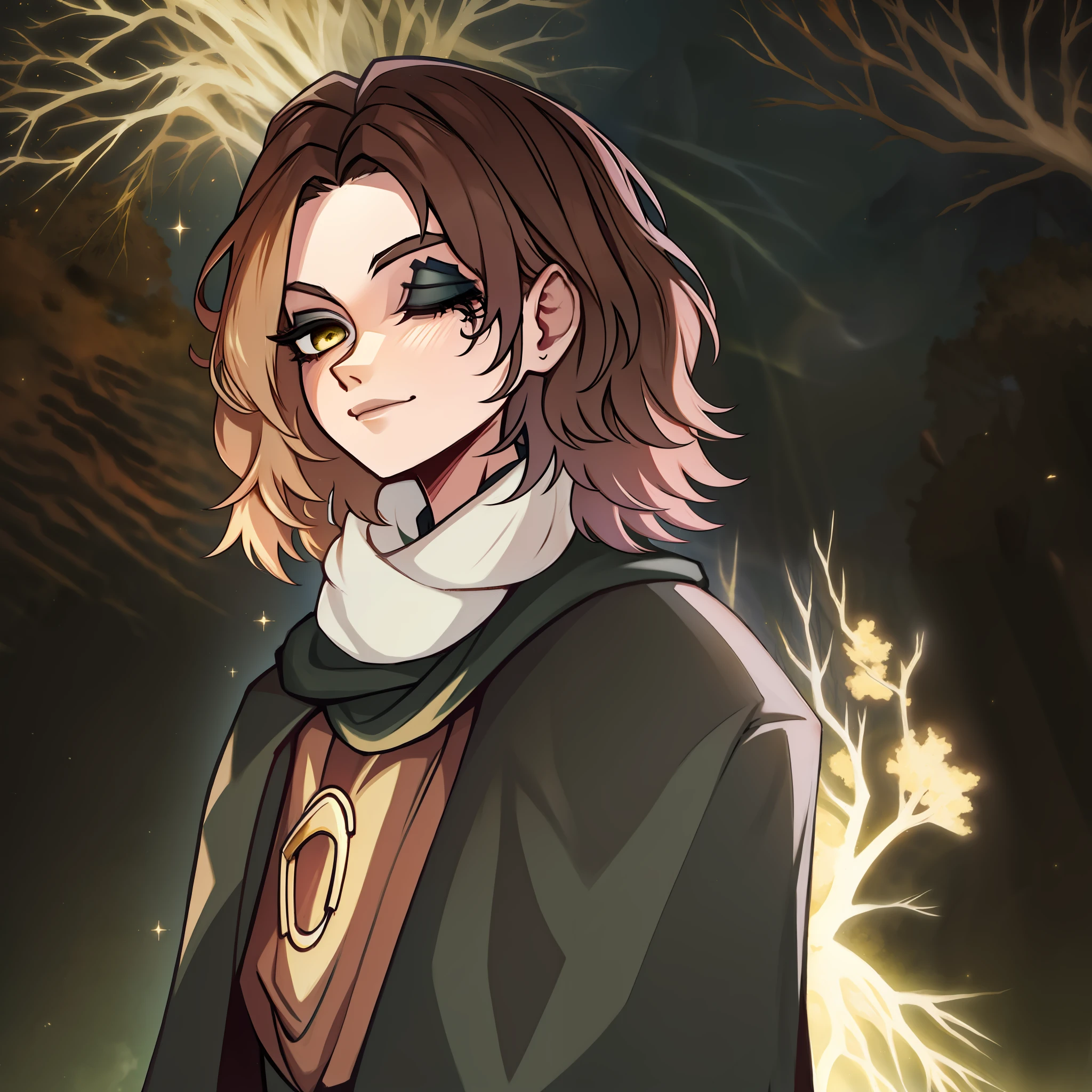 melina \(elden ring\), detailed background, ((night)), dark, erdtree in the distance, 1girl, black background, brown eyes, brown hair, cloak, green cloak, long sleeves, looking at viewer, one eye closed, short hair, solo, standing, tree, solo, yellow eyes, (pink hair:0.7), facial tattoo, expressionless, :|, tottoo on eye, eye scar , ((masterpiece)), golden, gold, divine