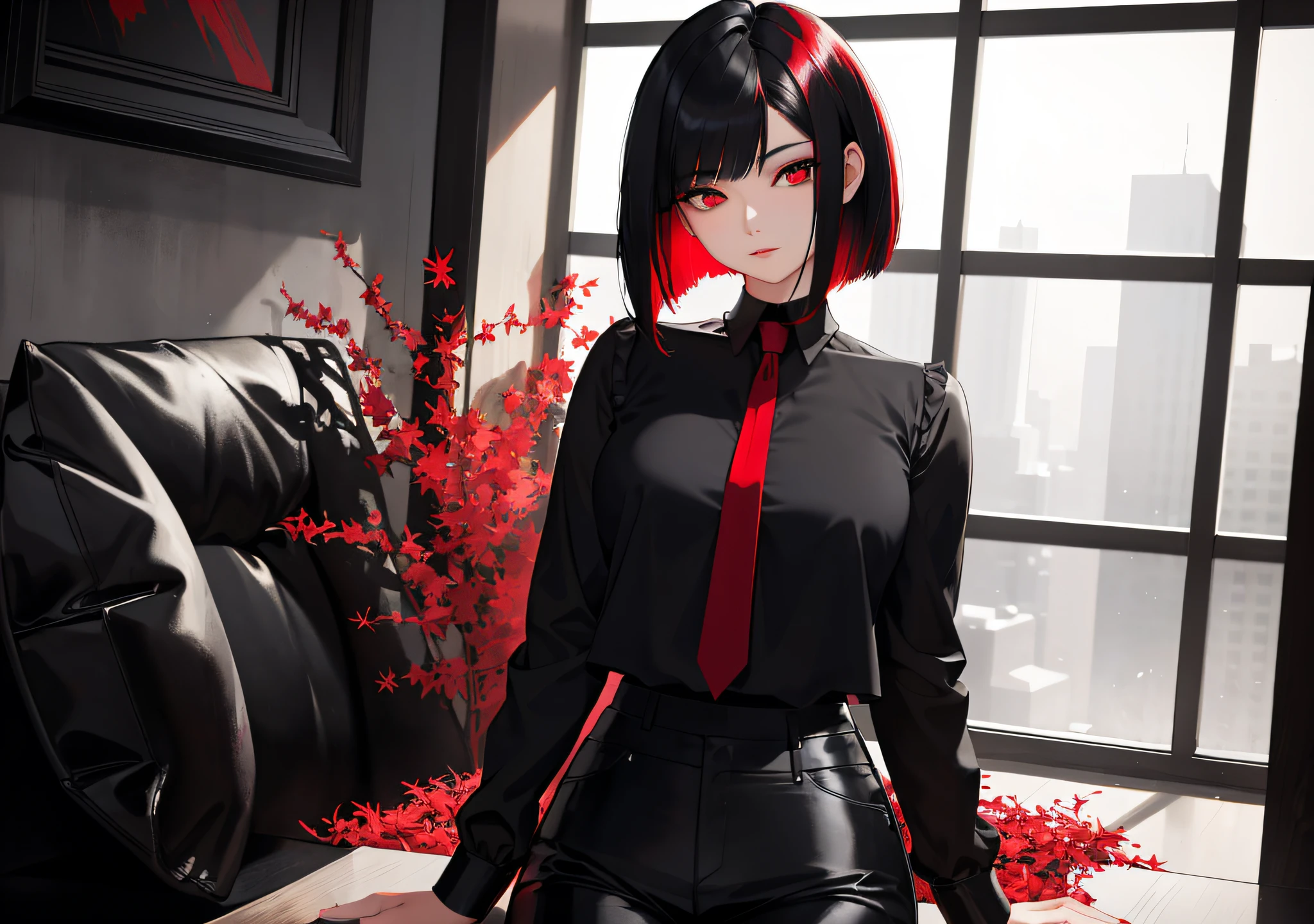 ((Best Quality)), ((Masterpiece)), (((Realistic)) and ultra-detailed photograph of an Asian girl, short black hair with red locks, black short blouse, black lag pants outfit with details on the red edges, ((beautiful and aesthetic))