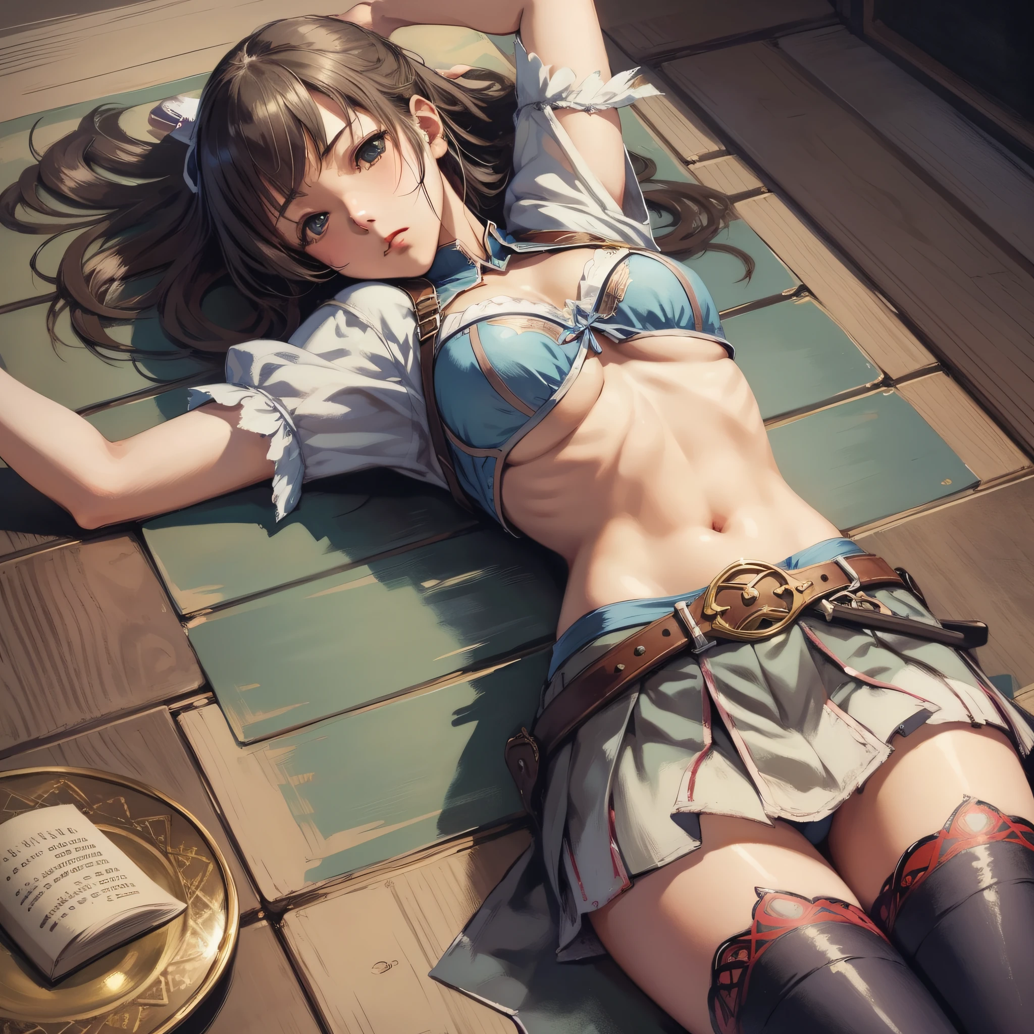 Top quality. Painting by Akihiko Yoshida. Hand drawn. Character design. Girl. A world of swords and sorcery. Miniskirt. Lying down and legs open. --auto --s2