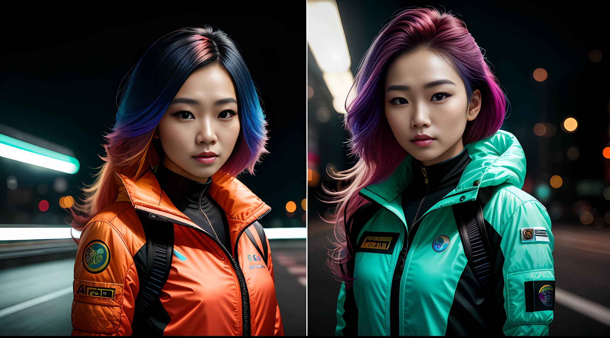 portrait photography, beautiful young thai woman with colorful hair looking off camera in glowing futuristic jacket, super realistic face, eyes visible through hair, proper eye position, natural skin, soft light, rim light, hips, in road side, detailed background, intricate , highly detail, octane render, HD, 8k, by Annie Leibovitz,120mm