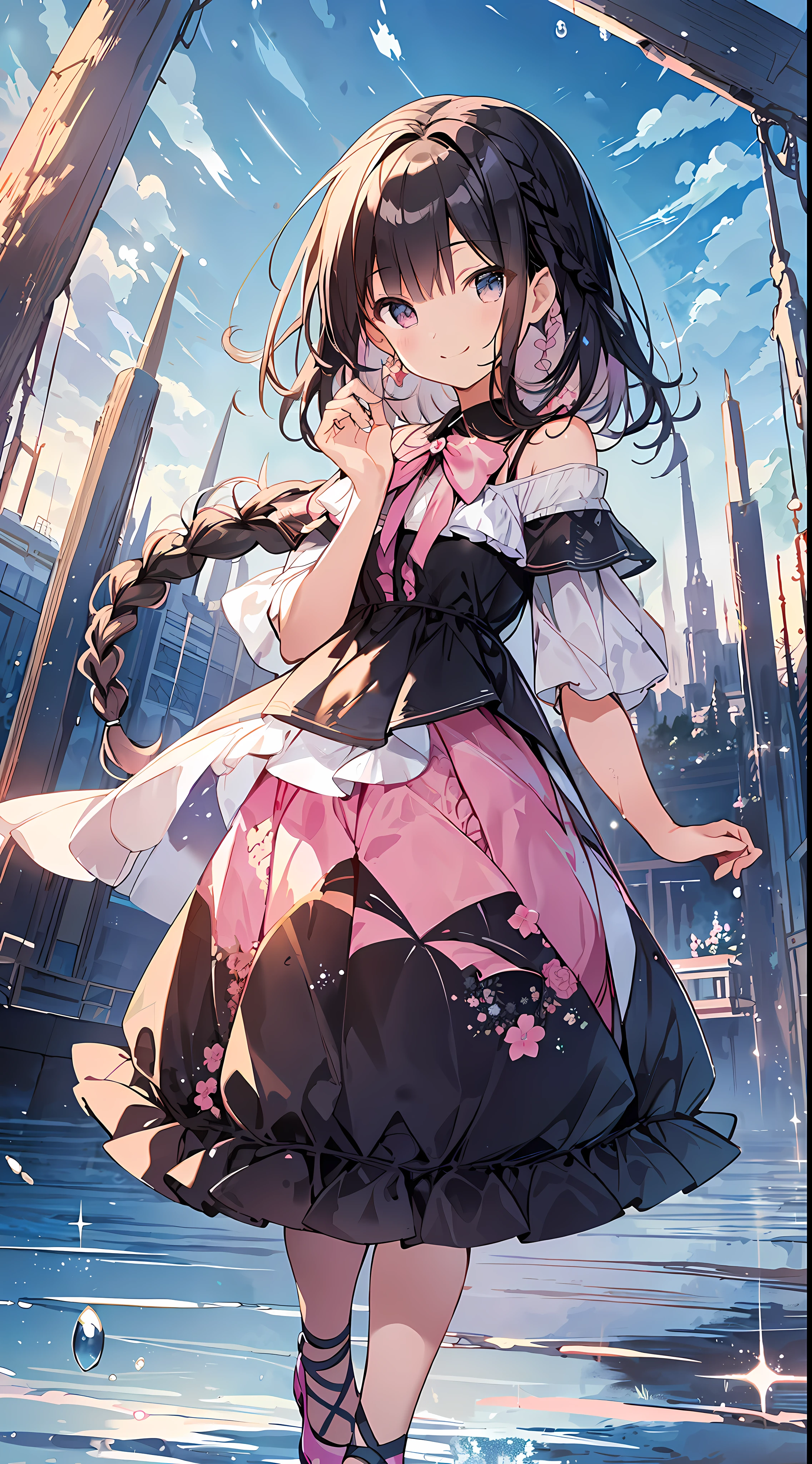 Top Quality, Masterpiece, Ultra High Definition, 8K, Summer Sky, Early Summer, (((Pink Ruffle Tops, Mini Skirts, High Heels)), Shojo Manga Style Loli, One, Soft Line Art, Digital Enhancement, Shojo Manga Touch, Shojo Manga Core, Flowing Fabric, Close Up, (Hair length and short braid to the shoulders)), wet hair, staring at us from the front, soft drawing, Beautiful black hair, clear eyes, ((teasing smile)), ultra-detailed digital anime art, clear face depiction, ultra-detailed shojo manga character art, ultra-detailed manga style, top quality colors, hand gestures, landscape with nature, looking up at the sky, angle that can see up to your feet