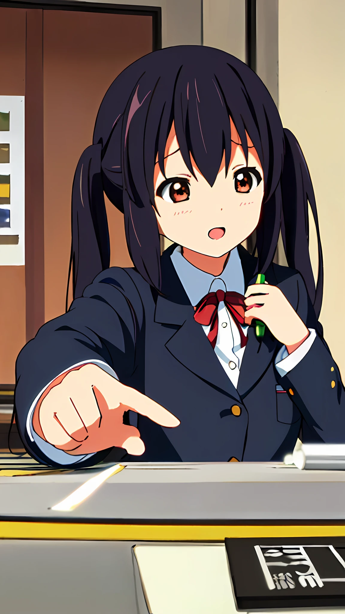 1girl, ((((Masterpiece))), Best Quality, Best Quality, High Detail, Azusa Nakano, 1girl, Sakuragaoka High School Uniform, Musical Instrument, School Uniform, Twin Tails, Long Hair, Black Hair, Brown Eyes, Solo, Red, Dark blue blazer with a thin ribbon of red, Solid white button shirt under blazer, Illustration, Cartoon, Soothing tones, Muted colors, Soft cinematic light, Adobe Lightroom, Photo Lab, HDR, complex and highly detailed, (((depth of field))))). (((Masterpiece))). (((highest quality))).) ((super detail))). (((Illustration))). (((Outside))). (((fighting stance))).,(((Lying down))).dynamic focus.small breasts.. (((Face of sadness))). Open mouth.Close your eyes.Spread your arms.Ground.Lie on your back.