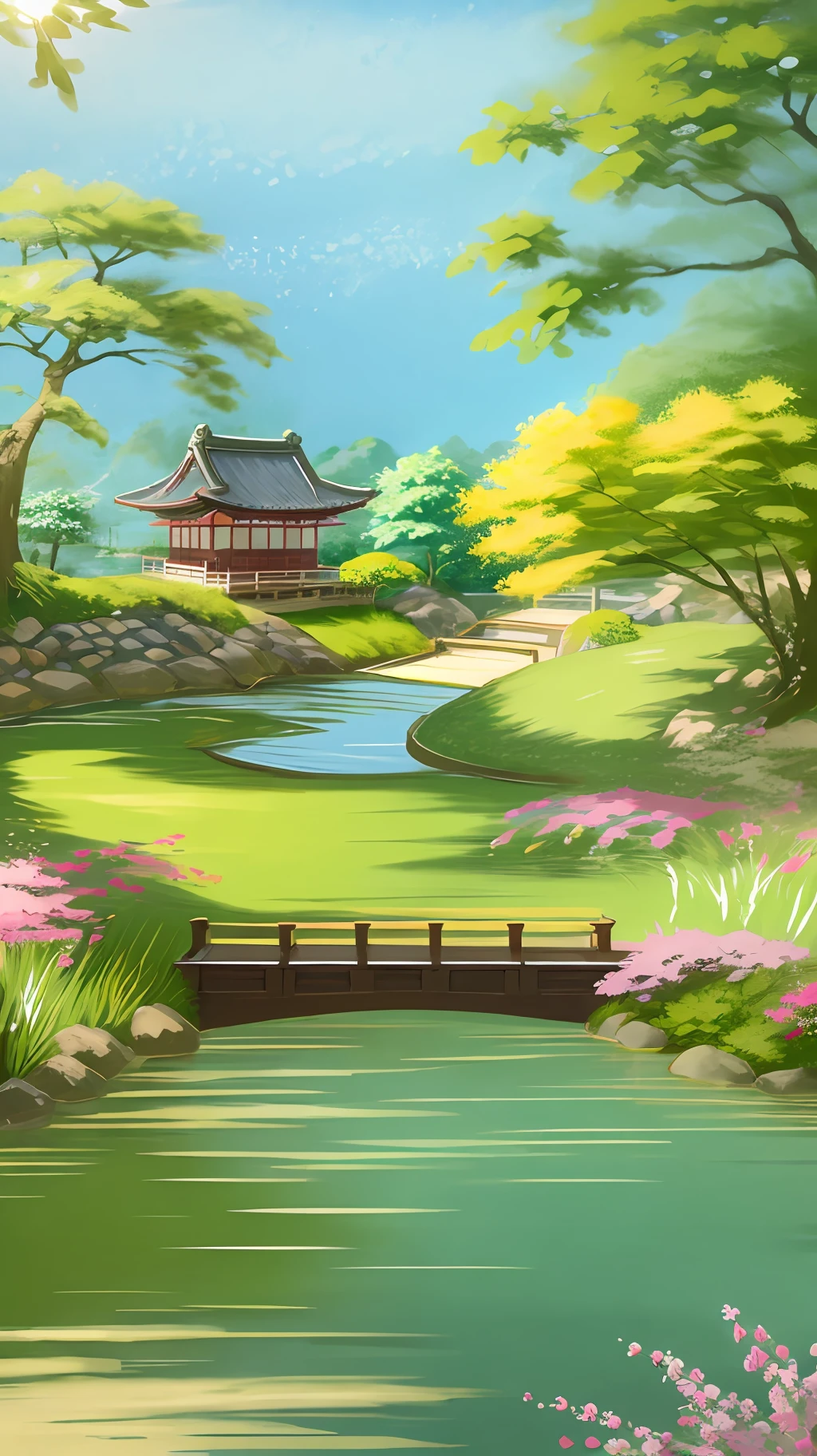 (digital painting),(best quality), (buildings:1.3), serene Japanese garden, cherry blossoms in full bloom, koi pond, footbridge, pagoda, Ukiyo-e art style, Hokusai inspiration, Deviant Art popular, 8k ultra-realistic, pastel color scheme, soft lighting, golden hour, tranquil atmosphere, landscape orientation